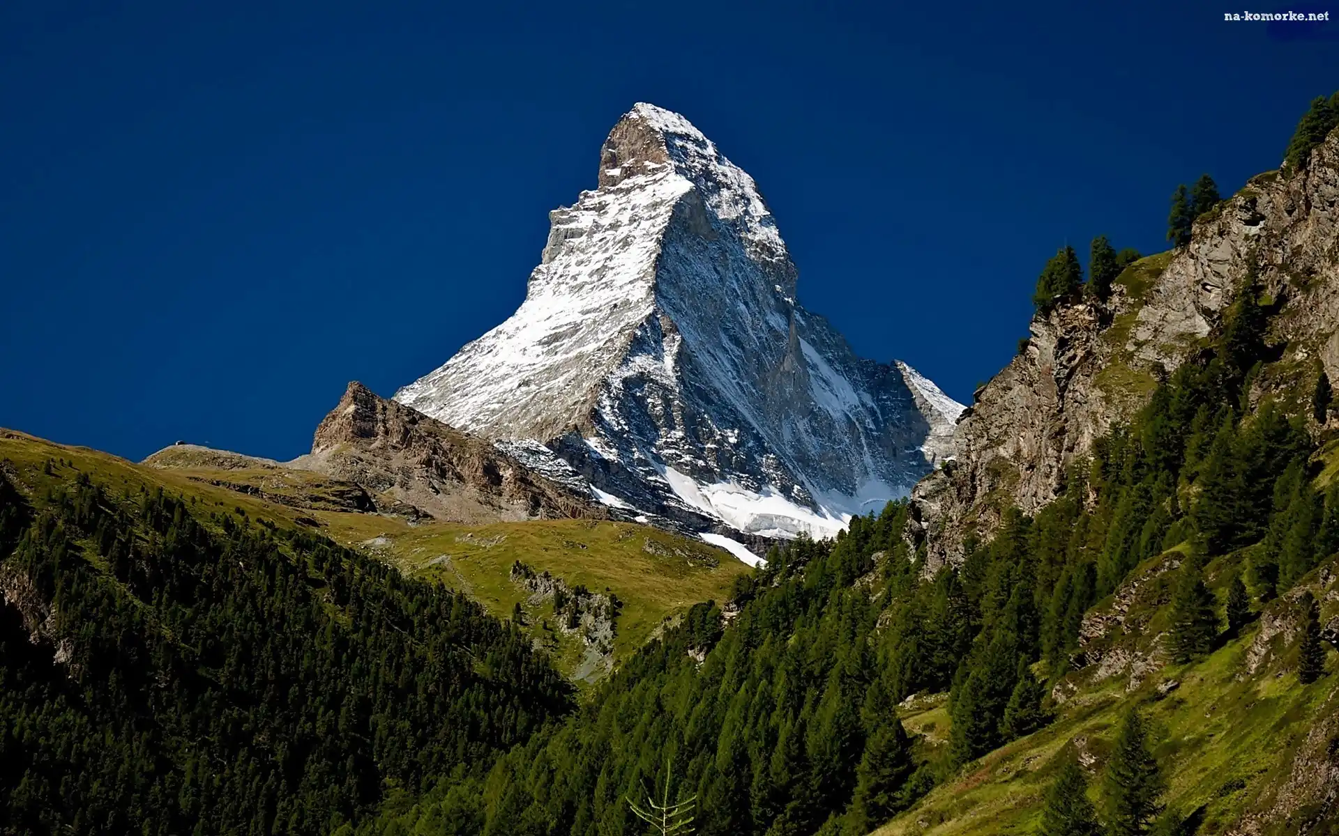 Matternhorn, Alpy, Góry, Łąki, Szczyt, Lasy