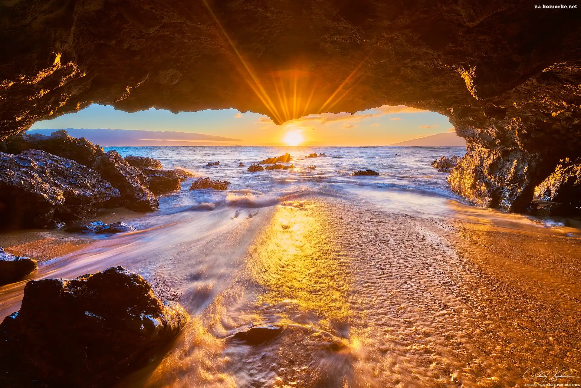 Skały, Maui, Hawaje, Zachód słońca, Ocean Spokojny, Jaskinia
