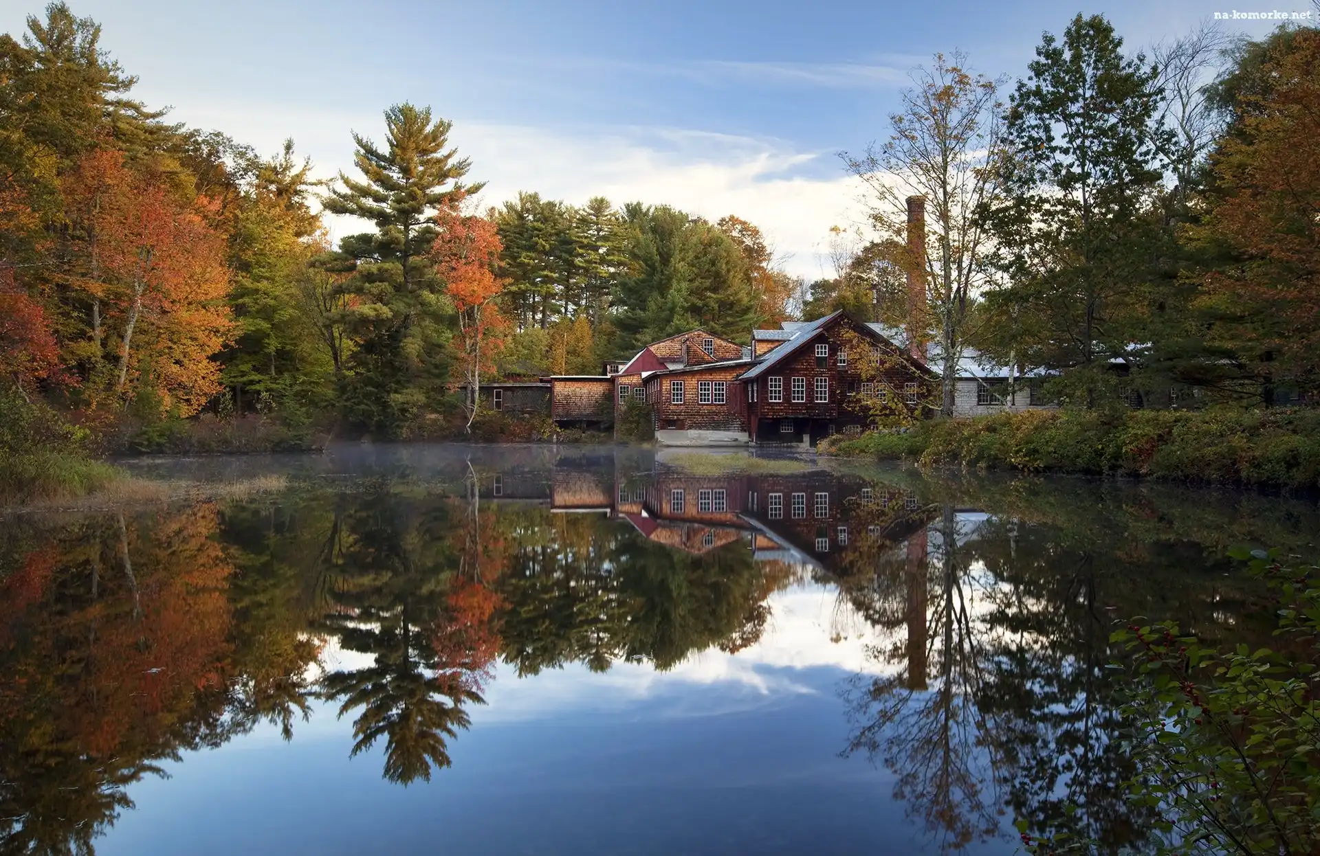 Stany Zjednoczone, Młyn Fryes Measure Mill, Wilton, Odbicie, Stan New Hampshire, Staw, Drzewa, Domy