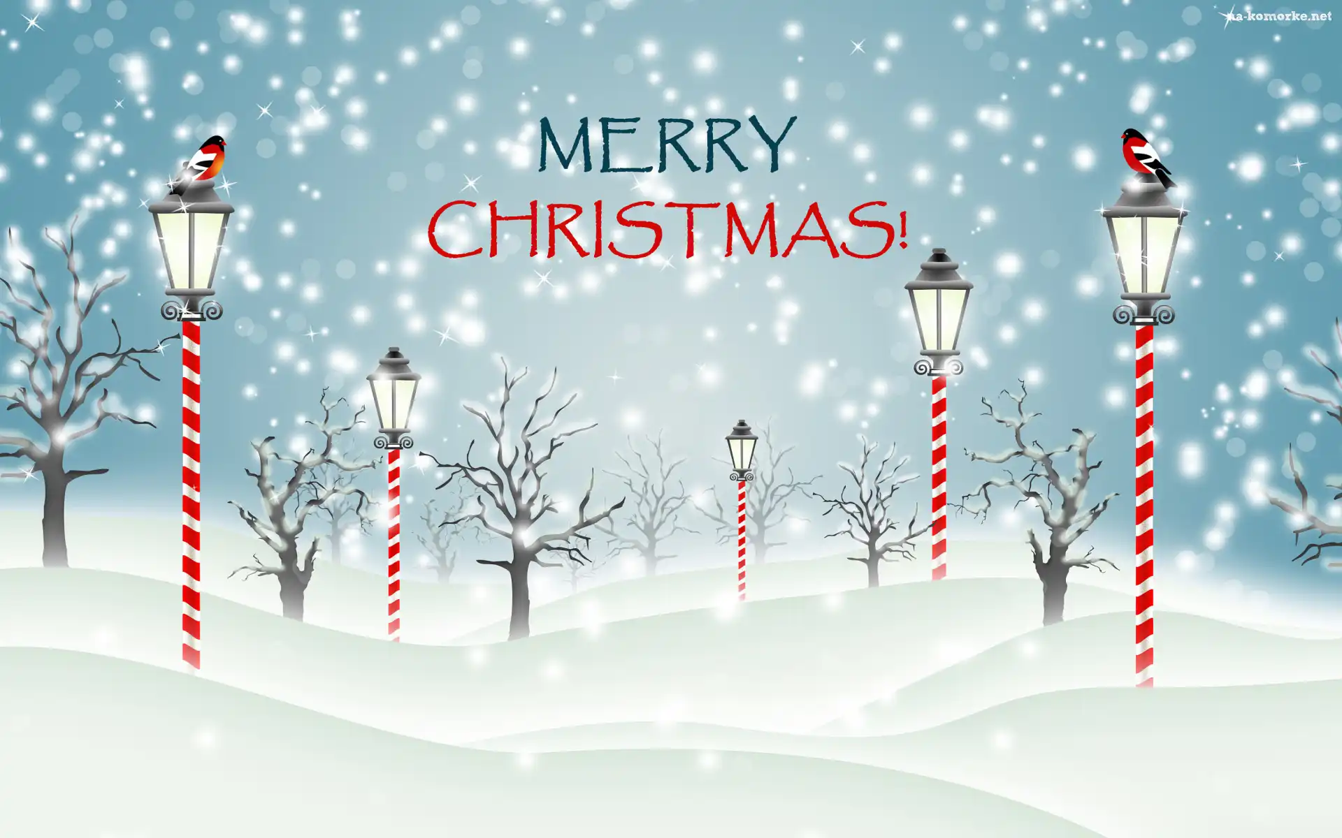 Drzewa, Merry Christmas, 2D, Latarnie, Ptaki, Åšnieg, Napis