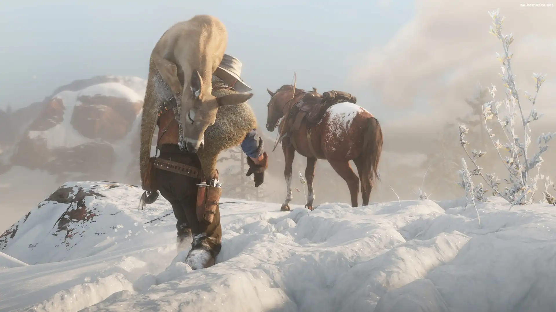 Mężczyzna, Gra, Sarna, Artur Morgan, Zima, Red Dead Redemption 2, Śnieg, Koń, Myśliwy