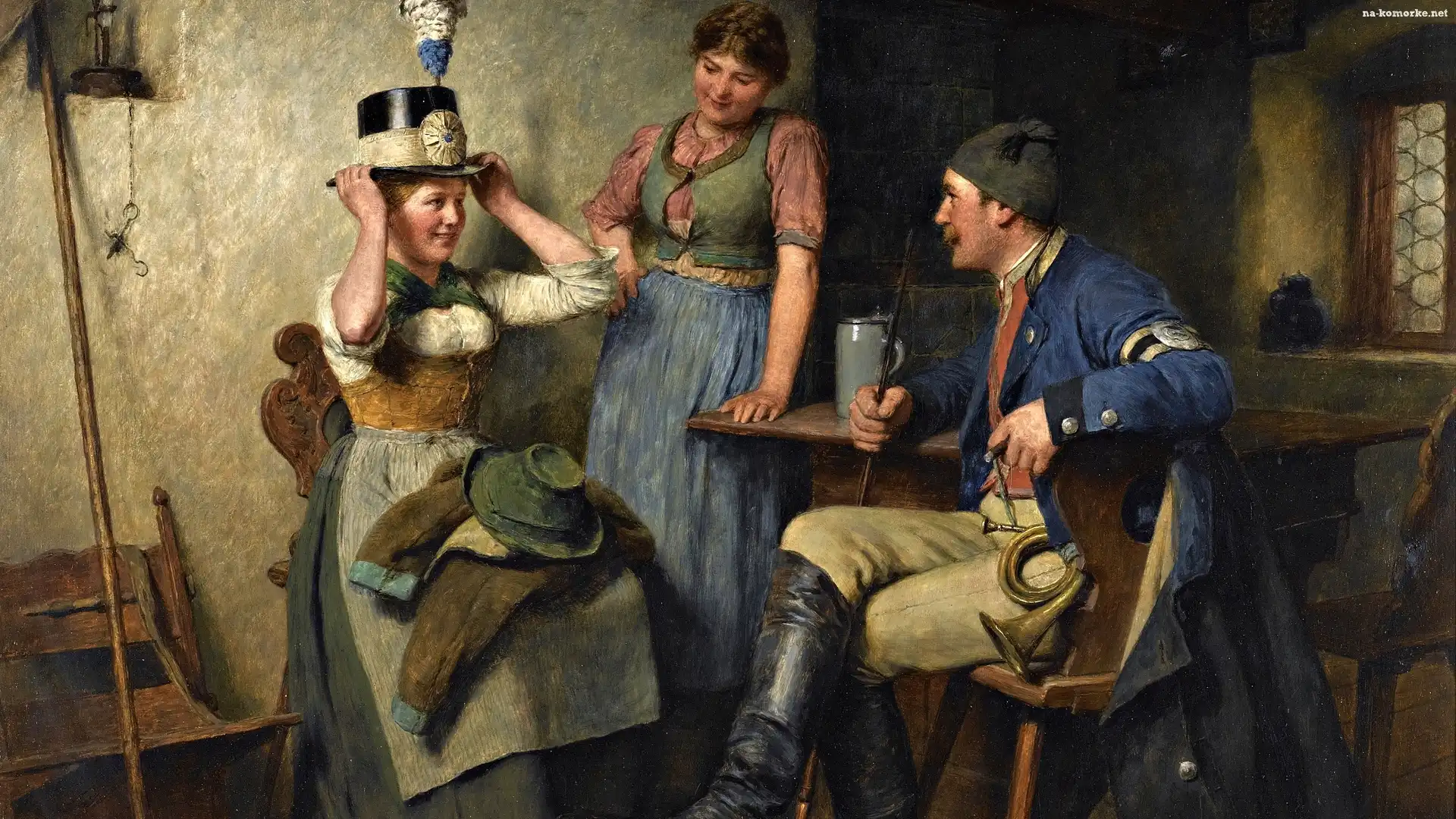 Obraz, Kuchnia, Hugo Wilhelm Kauffmann, Stół, Malarstwo, Dwie, Kobiety, Mężczyzna