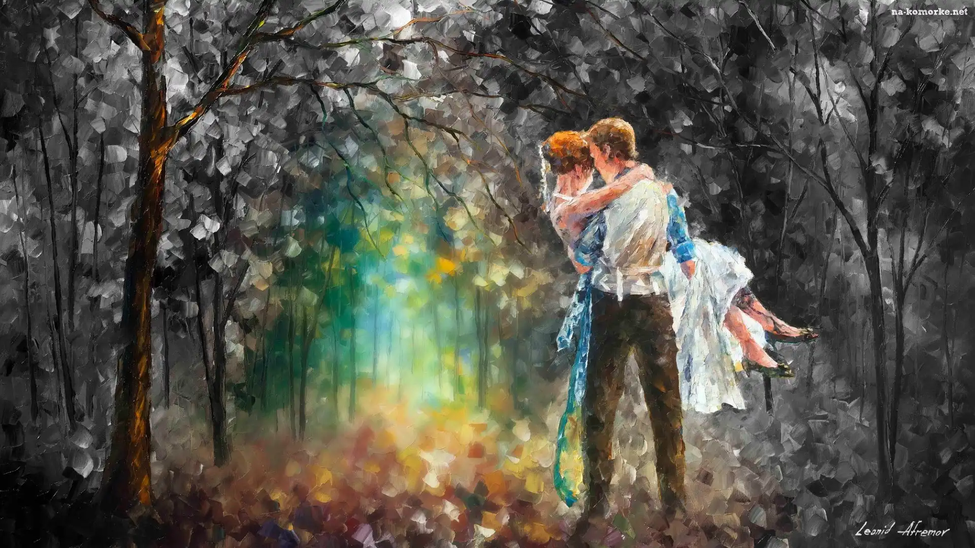 Malarstwo, Mężczyzna, Kobieta, Obraz, Leonid Afremov, Drzewa, Las