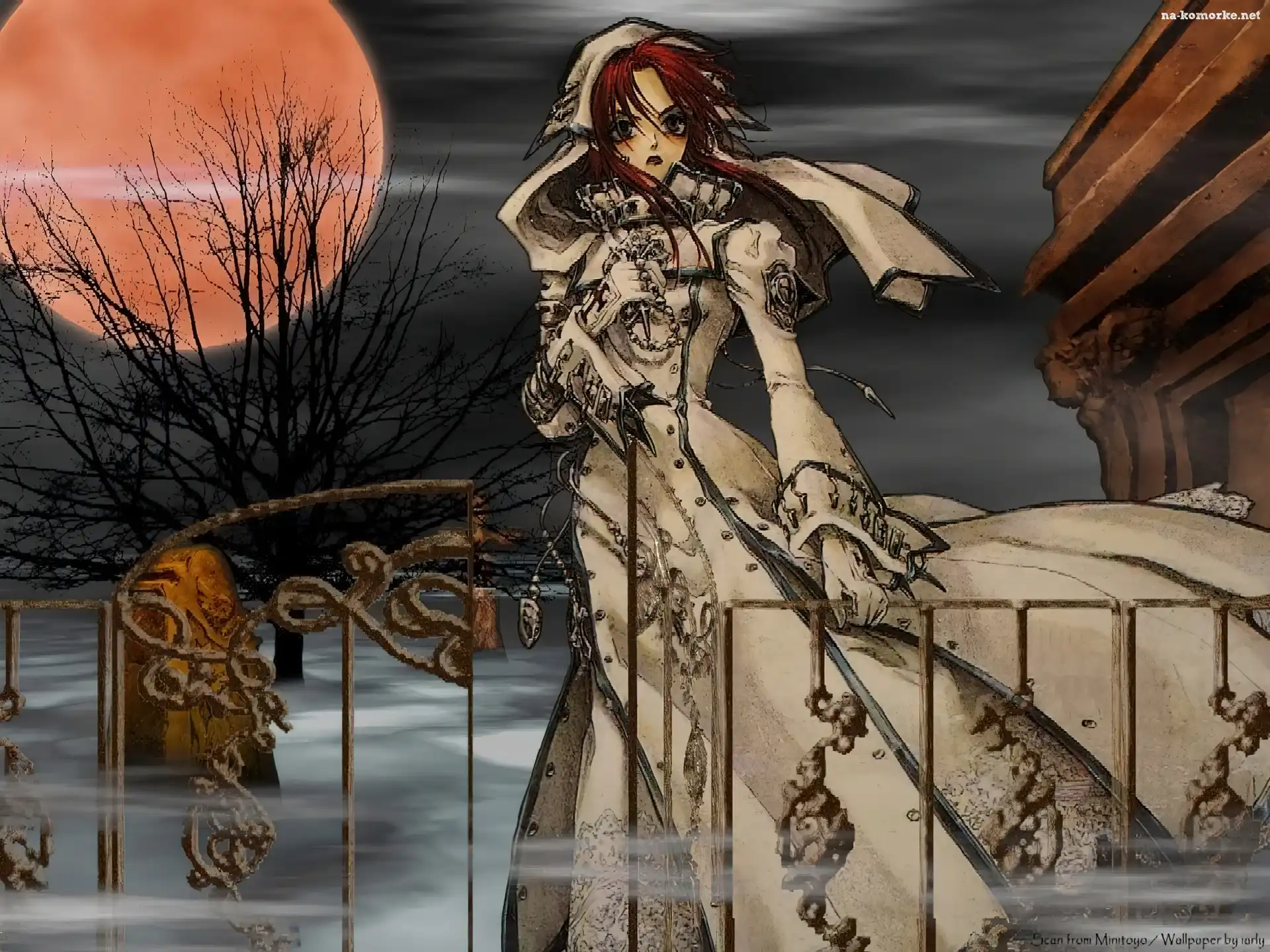 mgła, Trinity Blood, kobieta, księżyc, cmentarz