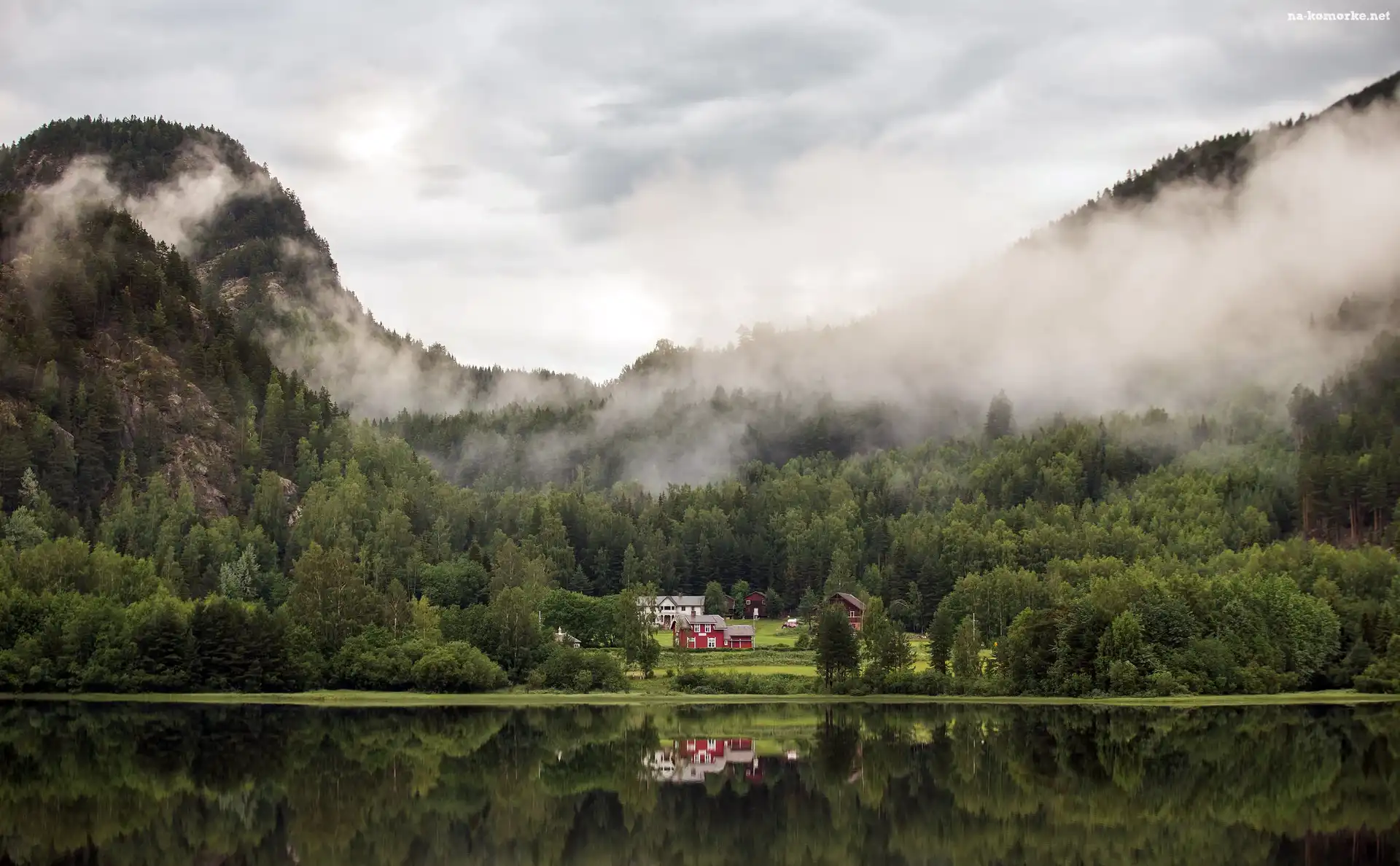 Norwegia, Mgła, Domy, Okręg Buskerud, Jezioro, Góry, Las