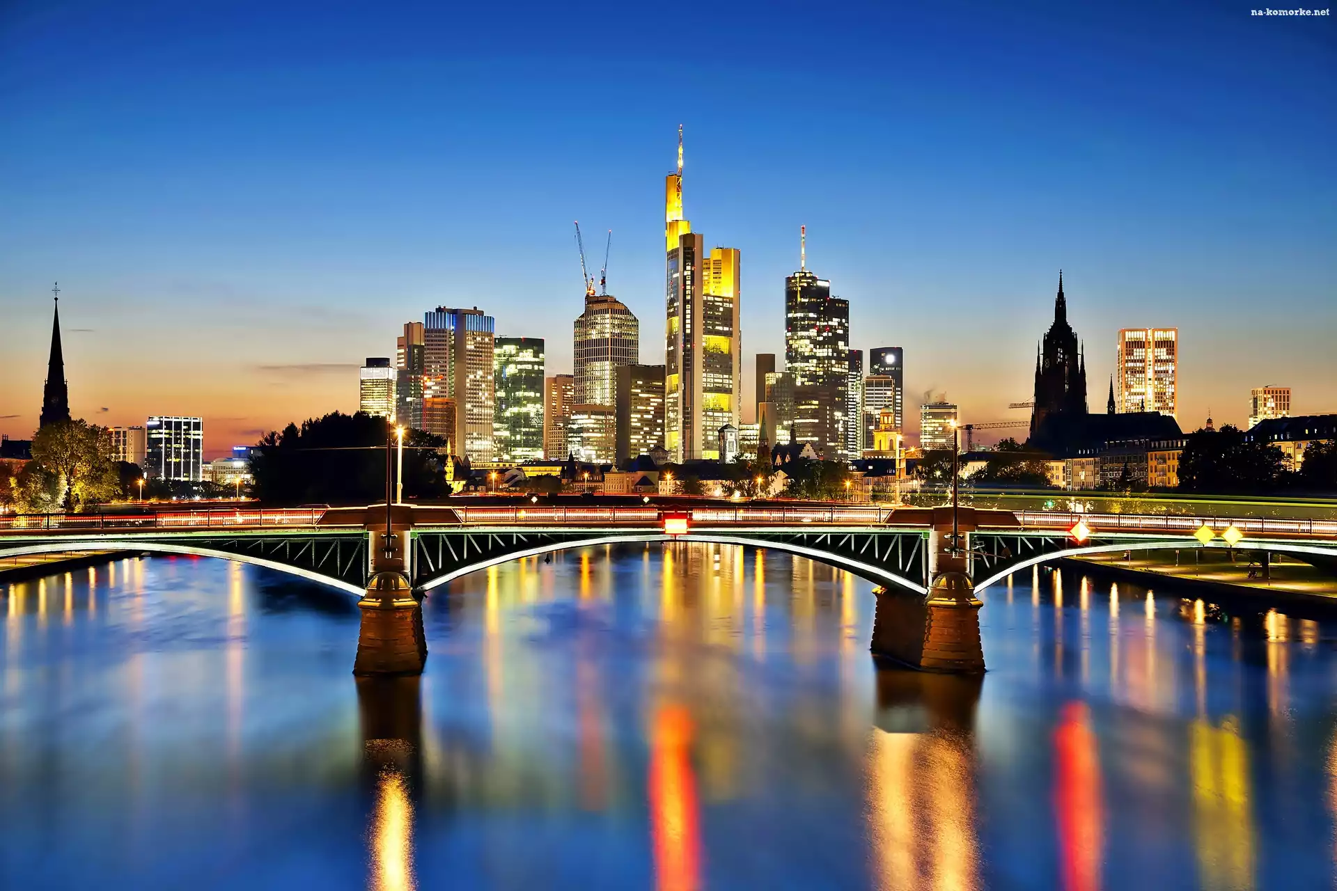 Rzeka, Miasta, Nocą, Men, Most, Frankfurt, Panorama