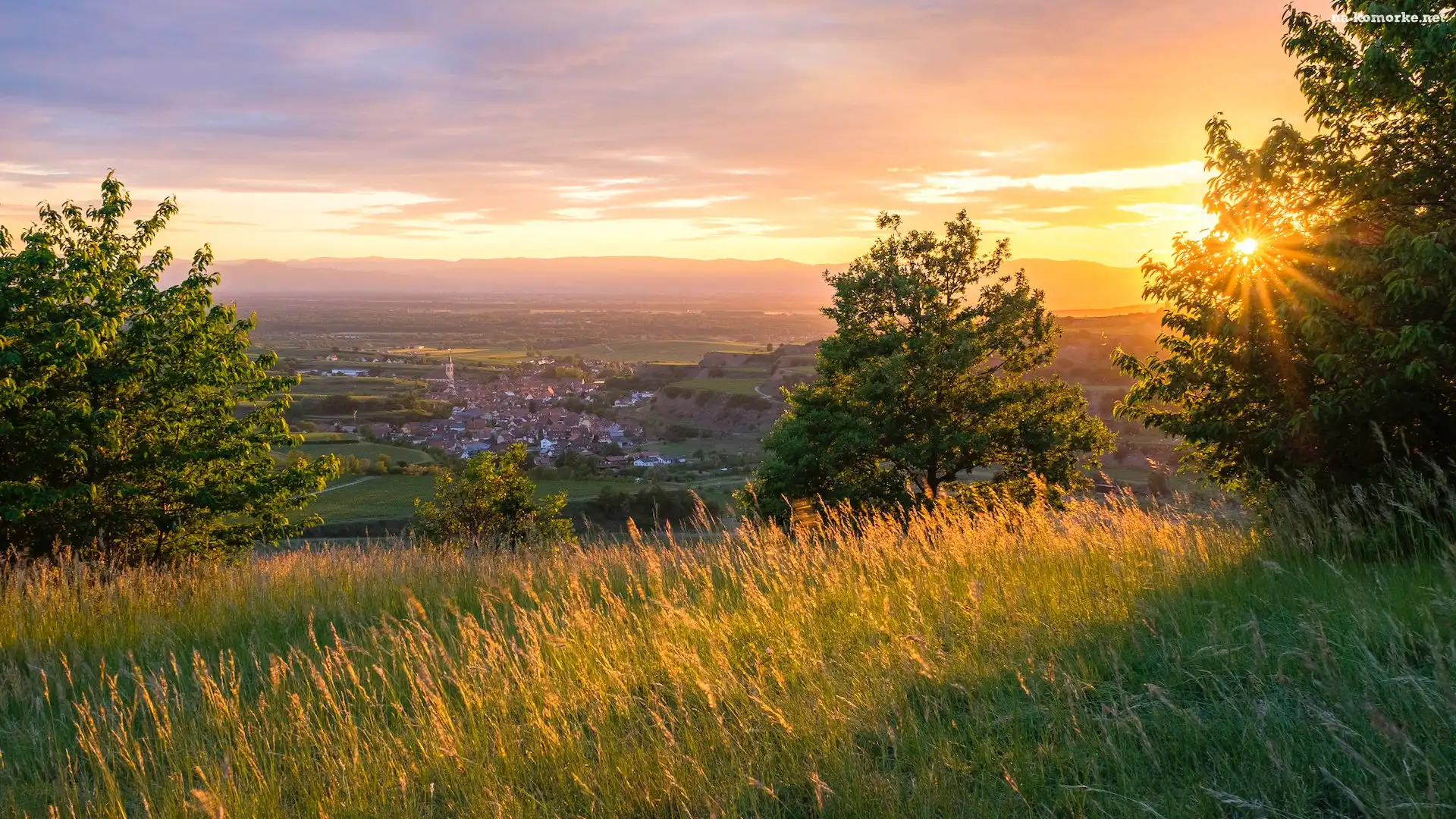 Zachód słońca, Badenia-Wirtembergia, Kaiserstuhl, Niemcy, Wzgórza, Drzewa, Trawa, Miasteczko