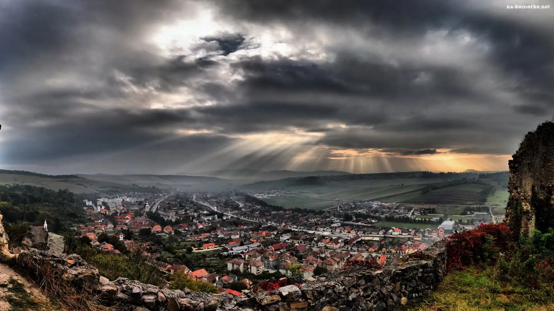 Miasto, Światło, Chmury, Przebijające
