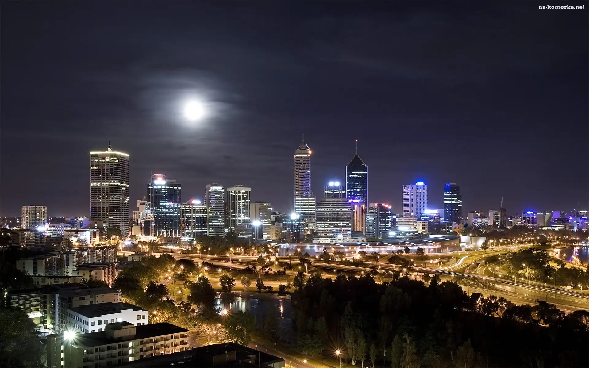 Miasto, Drapacze Chmur, Nocą, Księżyc