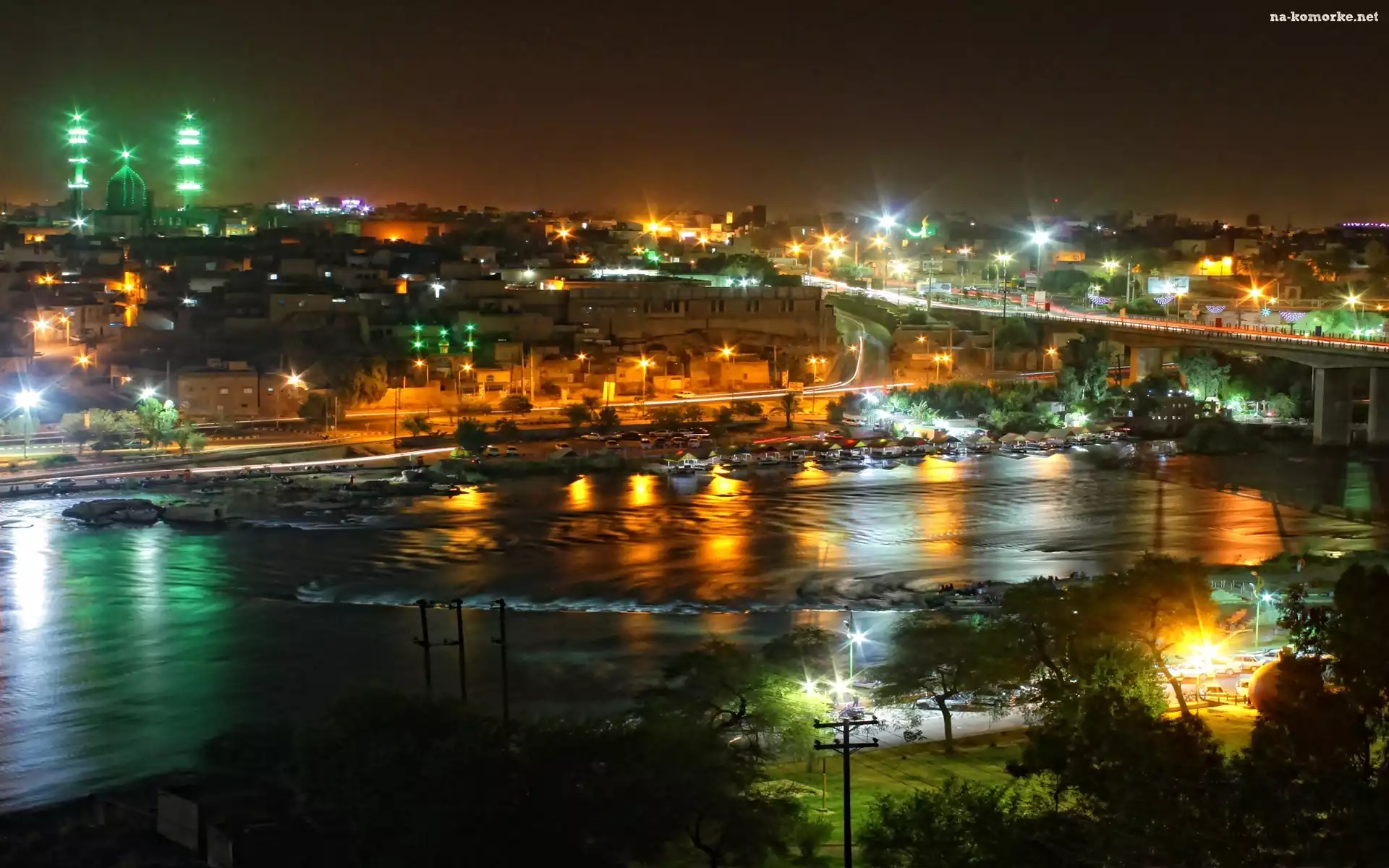 Miasto, Most, Nocą, Rzeka