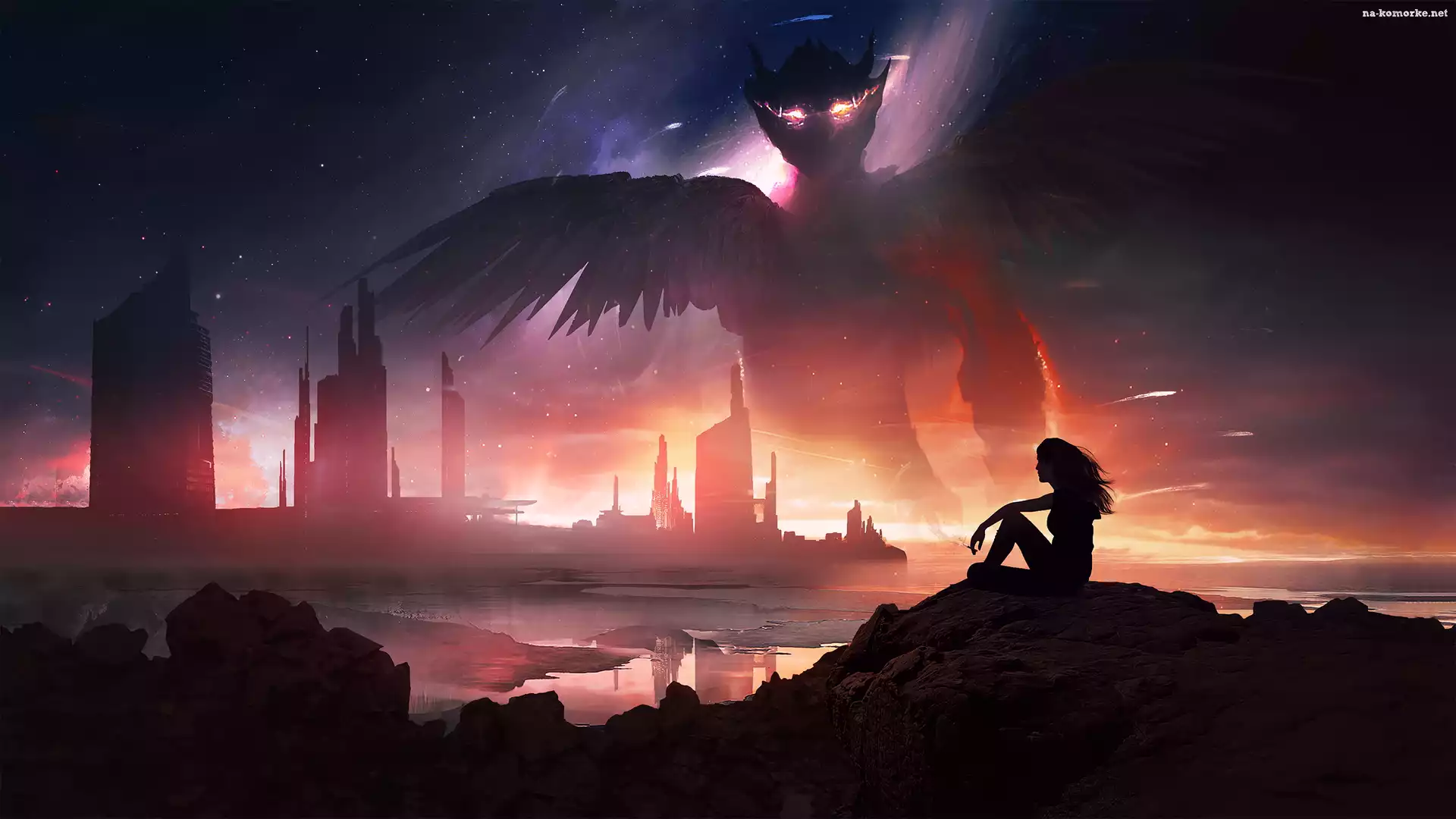 Miasto, Demon, Fantasy, Kobieta, Potwór, Wzgórze