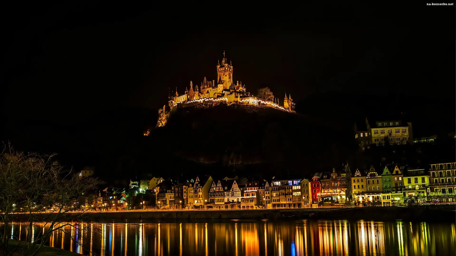 Miasto, Reichsburg, Zamek, Nocą, Rzeka, Cochem