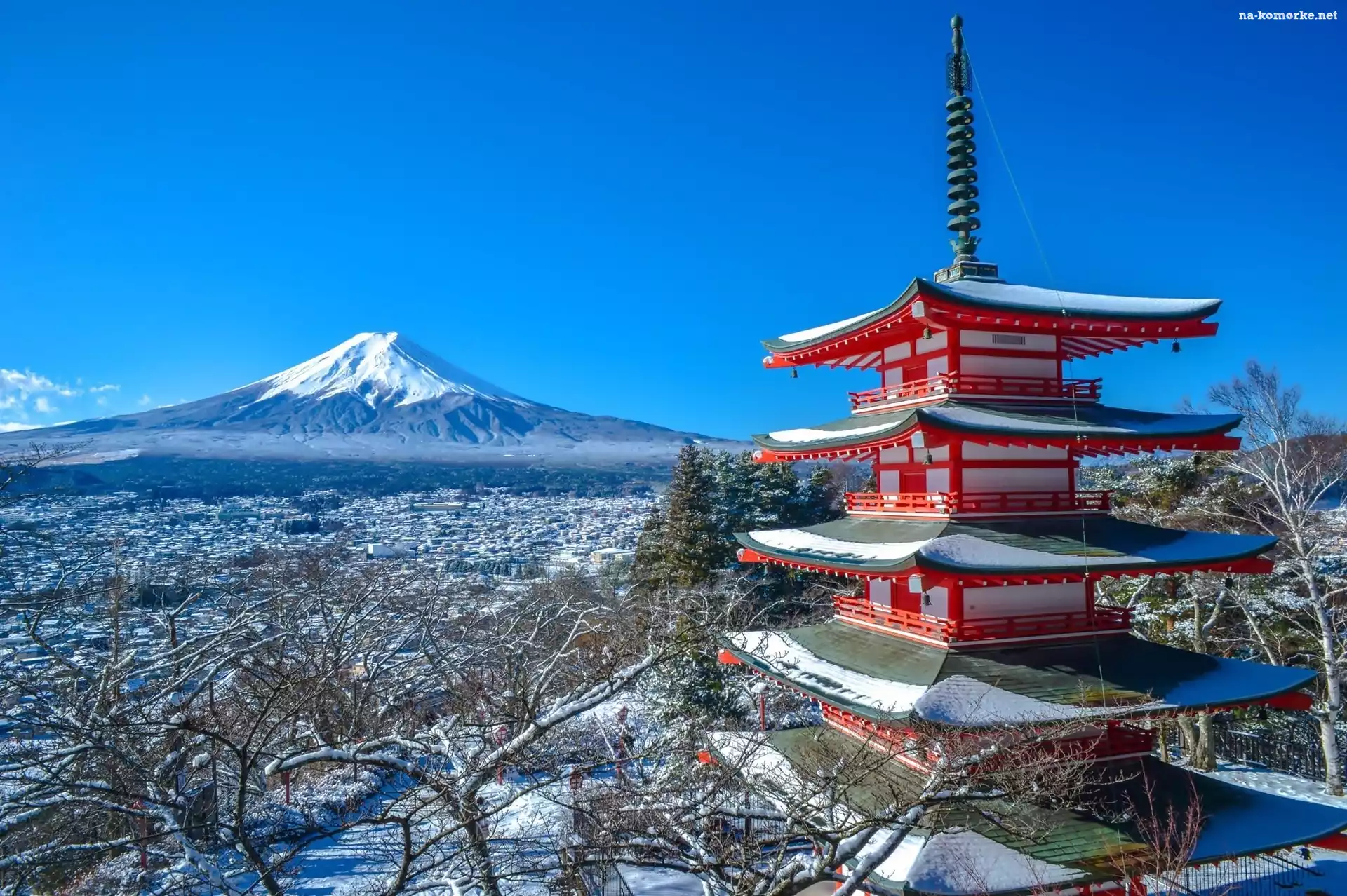 Miasto, Fudżi, Świątynia, Japonia, Wulkan, Zima