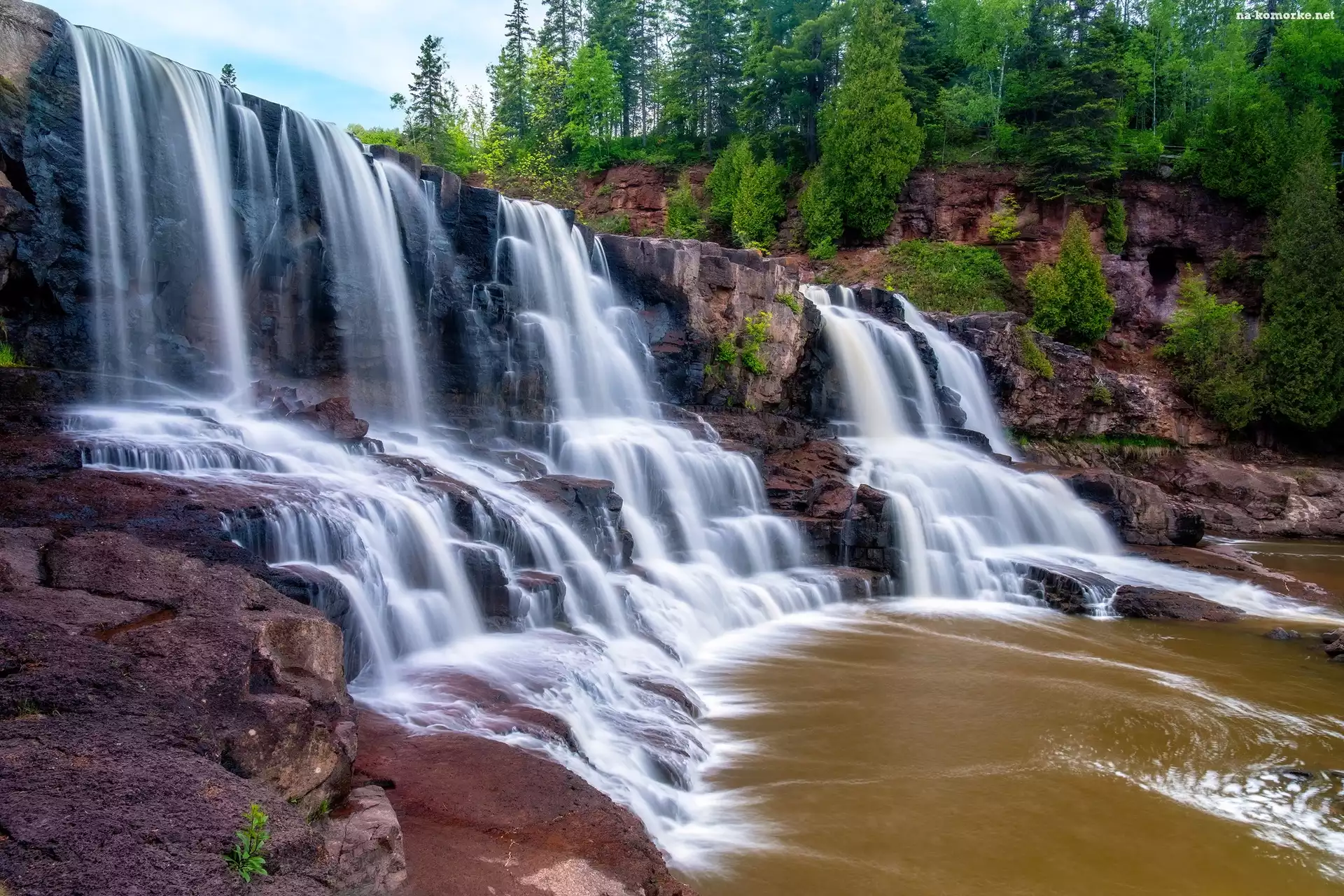 Wodospady, Skały, Rzeka, Stany Zjednoczone, Gooseberry River, Drzewa, Waterfalls Middle Falls, Minnesota