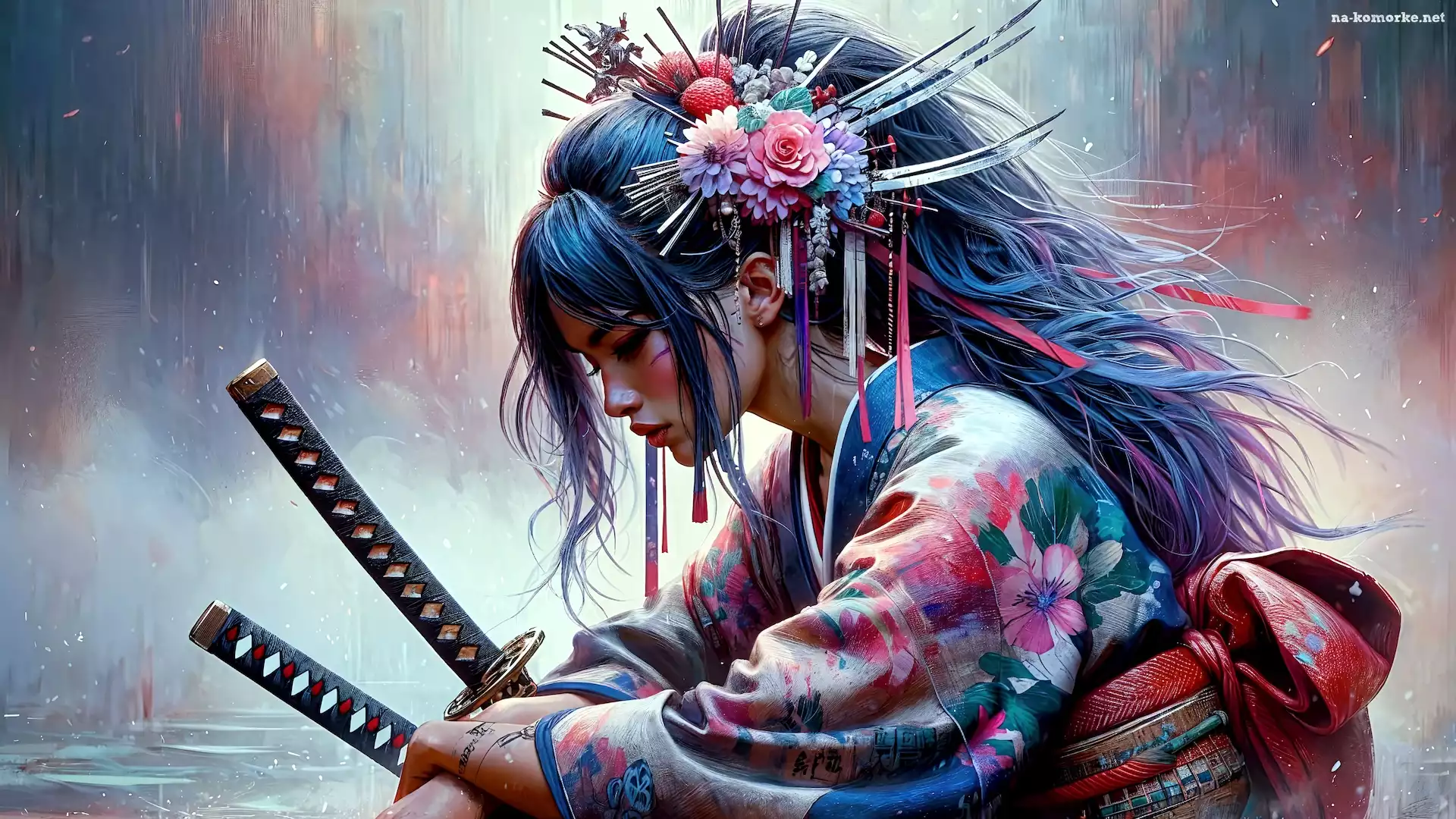 Kobieta, Miecze, Kimono, Samurajka, Grafika