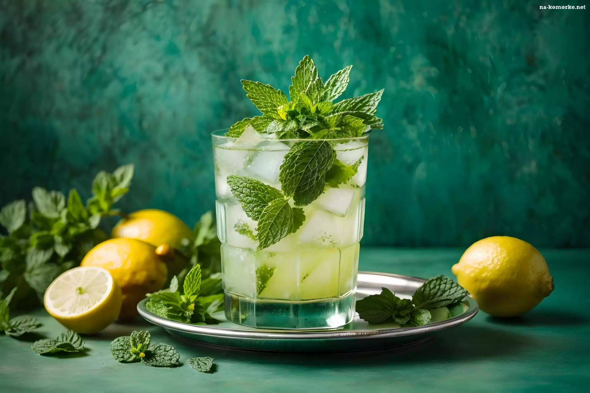 Zielone, Cytryny, Mojito, Taca, Szklanka, Koktajl alkoholowy, Kostki, Lodu, Mięta, Tło Alkohole