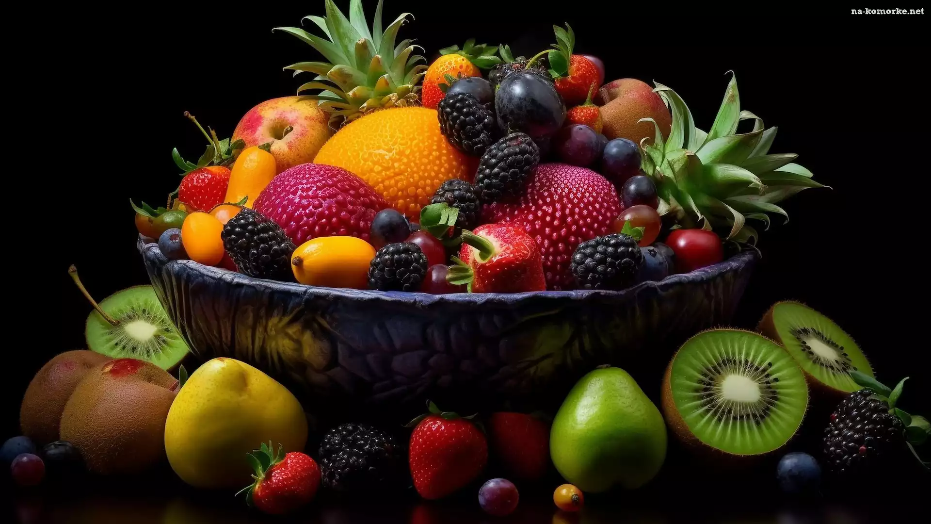 Jeżyny, Ananas, Kompozycja, Miska, Cytrusy, Kiwi, Owoce
