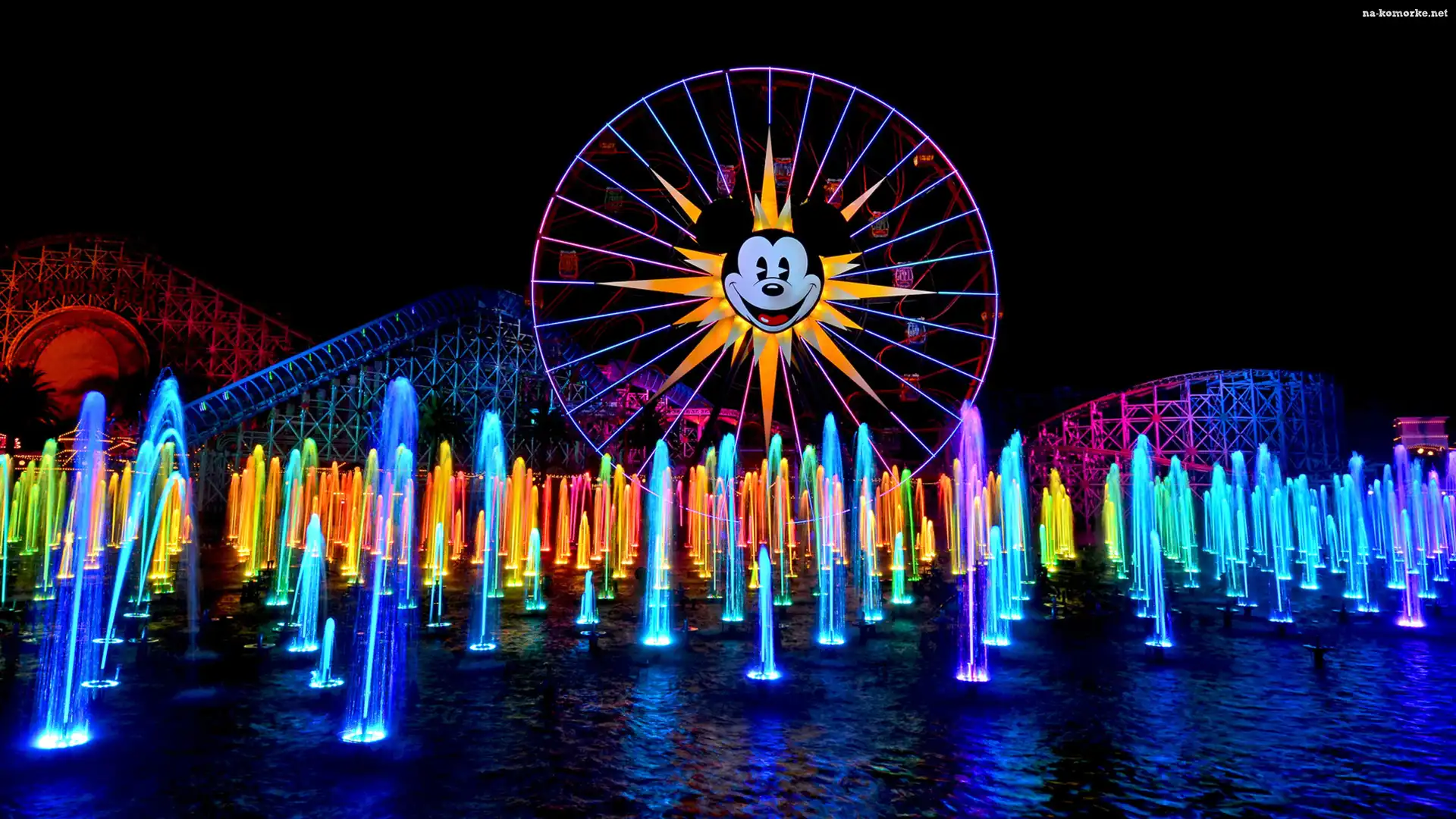 Stany Zjednoczone, Fontanna, Noc, Kalifornia, Anaheim, Disneyland, Diabelski młyn