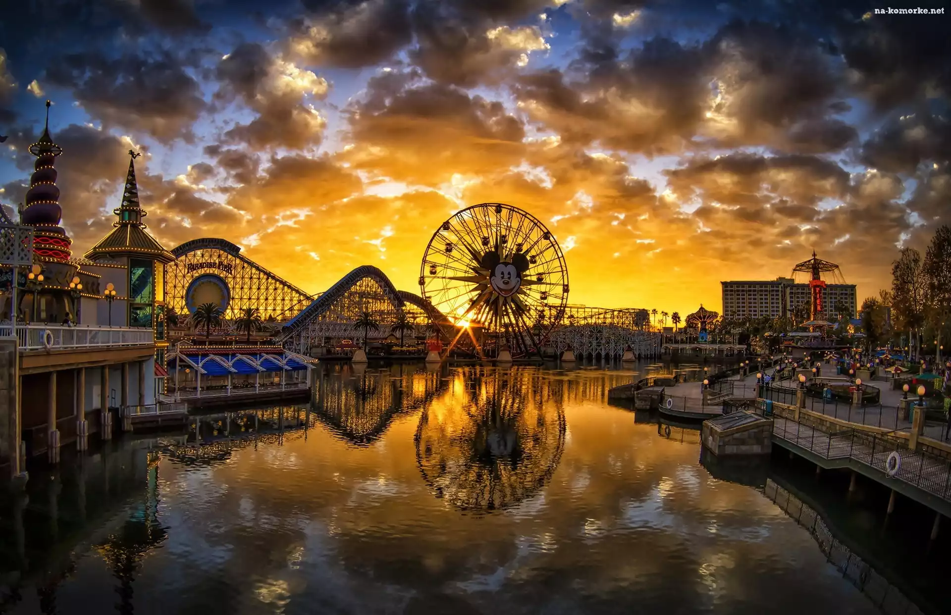 Stany Zjednoczone, Rzeka, Zachód słońca, Kalifornia, Anaheim, Disneyland, Diabelski młyn