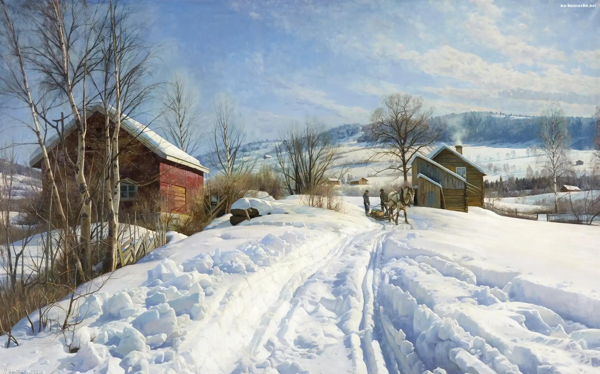 Peder Mork Monsted, Malarstwo, Domy, Wieś, Zaprzęg, Obraz, Sanie, Zima, Drzewa
