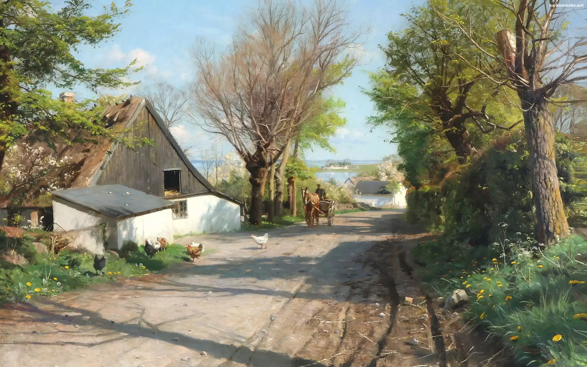 Droga, Obraz, Peder Mork Monsted, Wieś, Woźnica, Wiosna, Kury, Koń, Pejzaż, Droga, Drzewa, Domy
