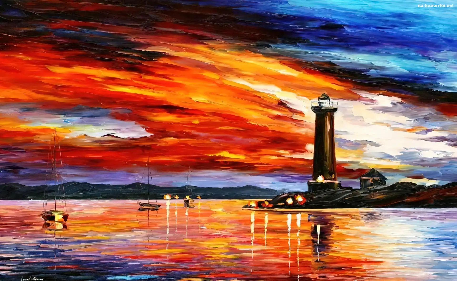 Morska, Obraz, Reprodukcja, Leonid Afremov, Latarnia