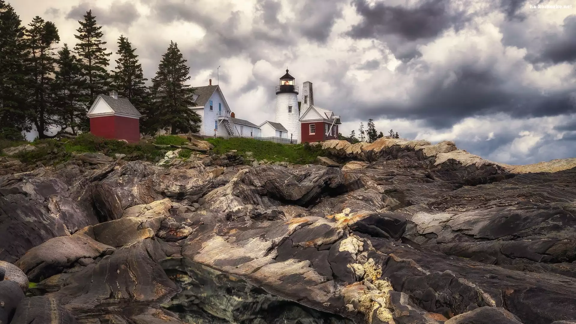 Miasto Bristol, Skały, Latarnia morska Pemaquid Point Lighthouse Park, Stany Zjednoczone, Chmury, Stan Maine