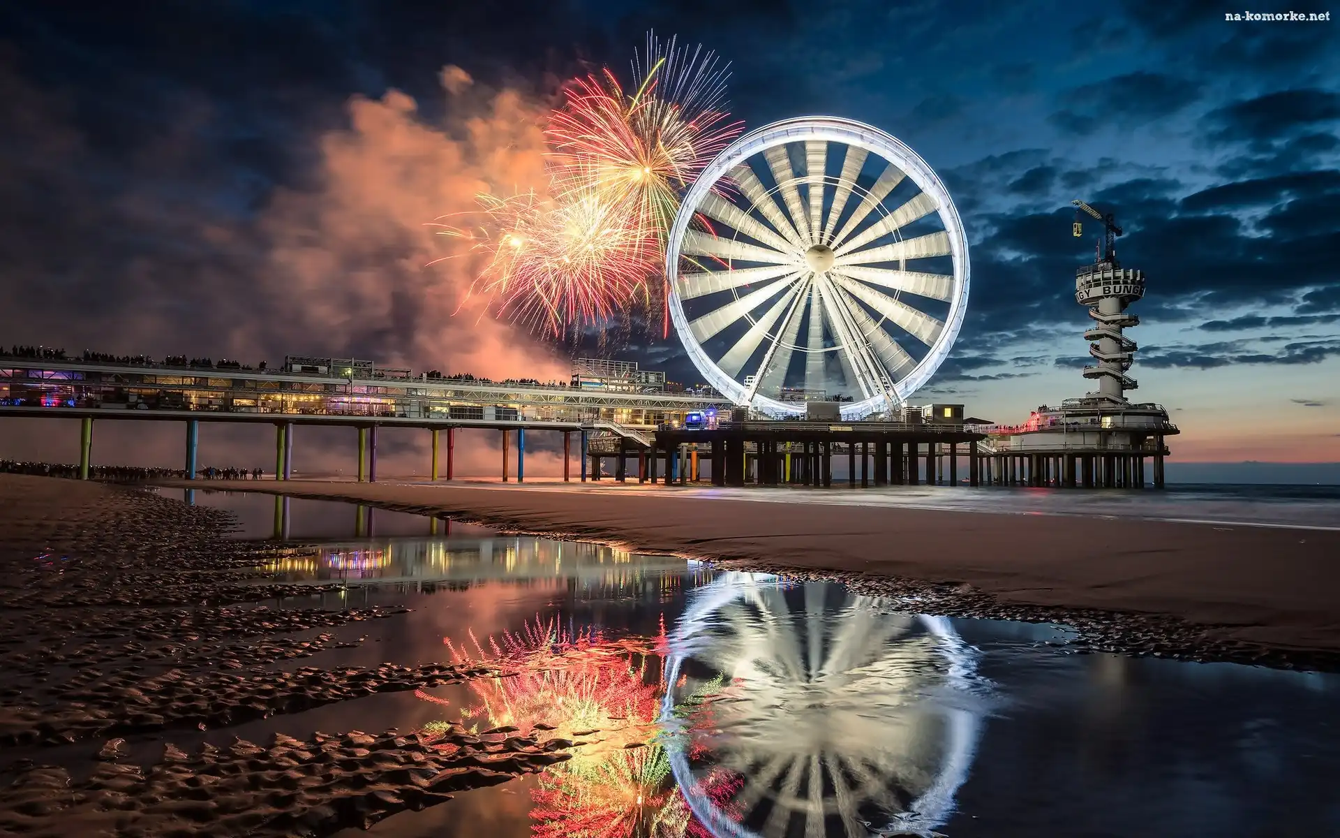 Holandia, Plaża, Fajerwerki, Scheveningen, Sylwester, Morze Północne, Haga, Molo, Koło, Diabelski młyn