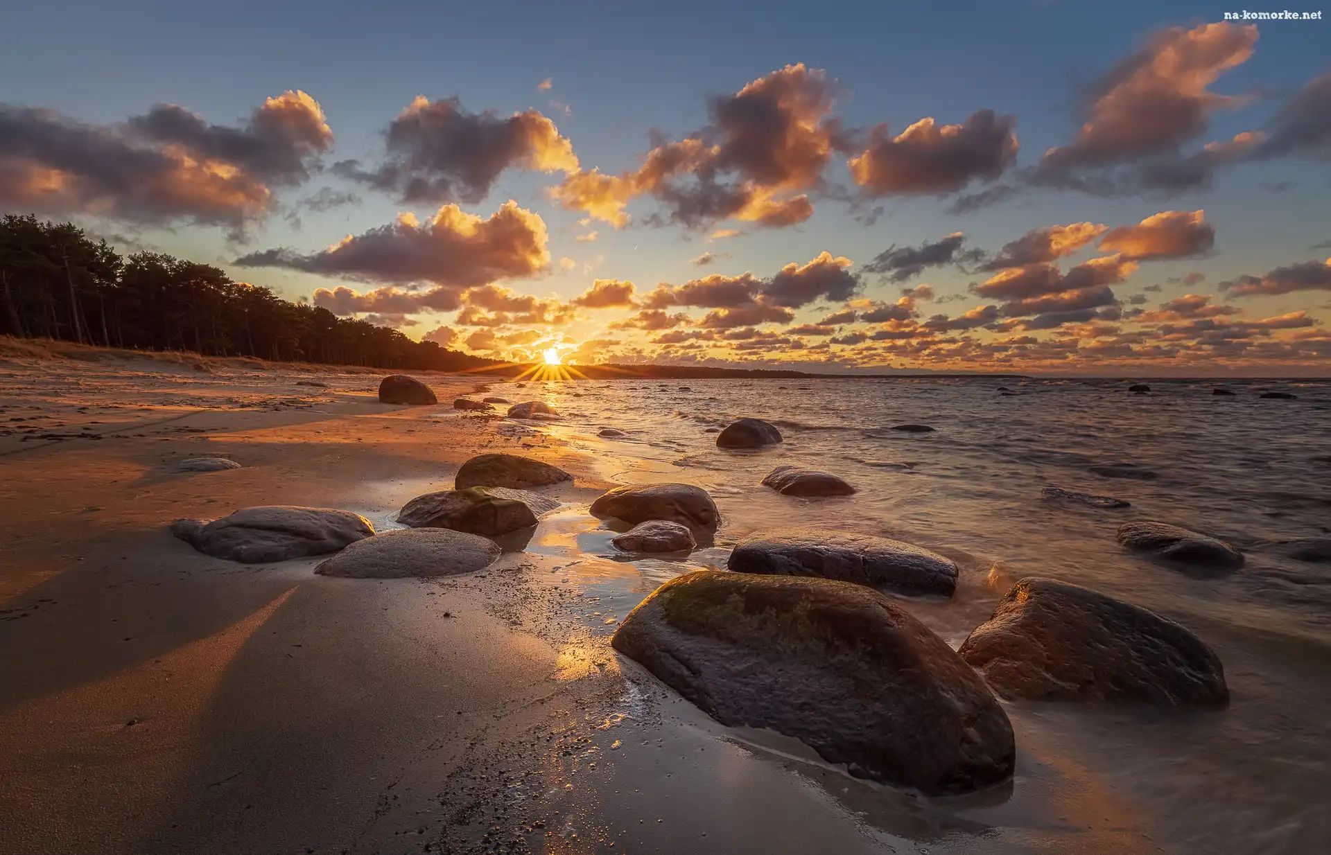 Morze, Wschód słońca, Kamienie, Plaża