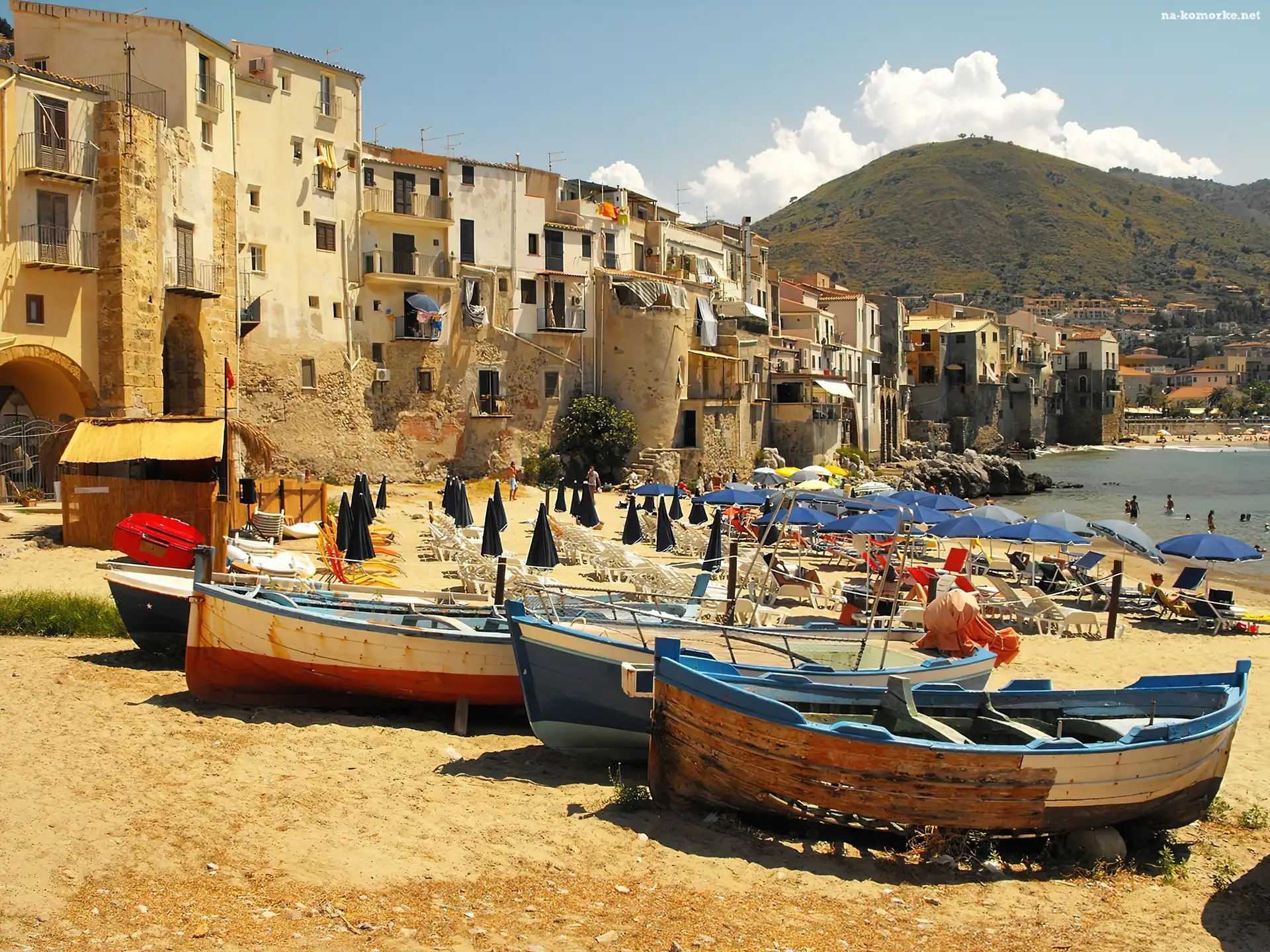 Morze, Cefalu, Sycylia, Łódki, Domy
