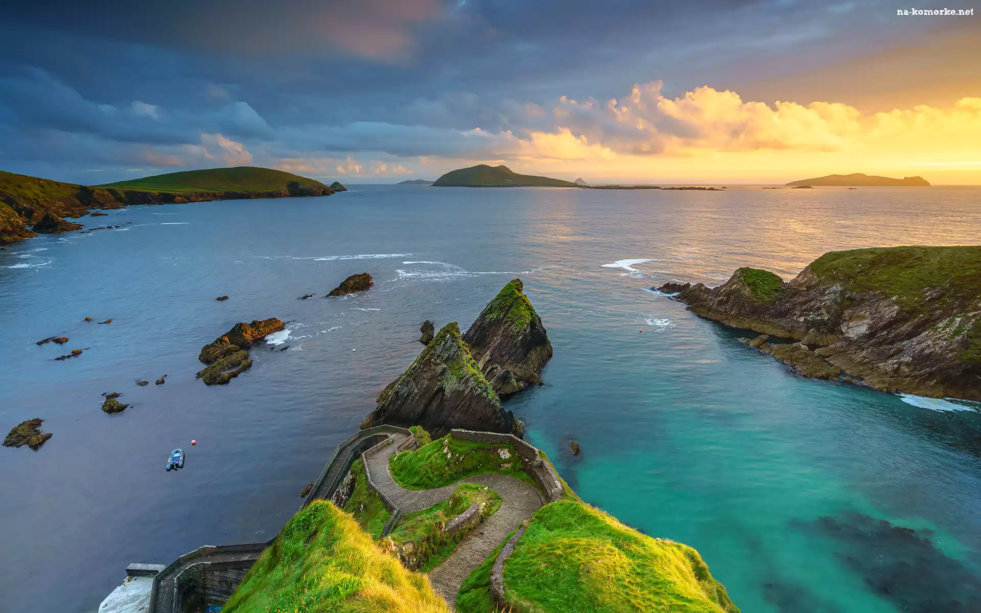 Morze, Irlandia, Zachód słońca, Skały, Dunquin Pier, Hrabstwo Kerry
