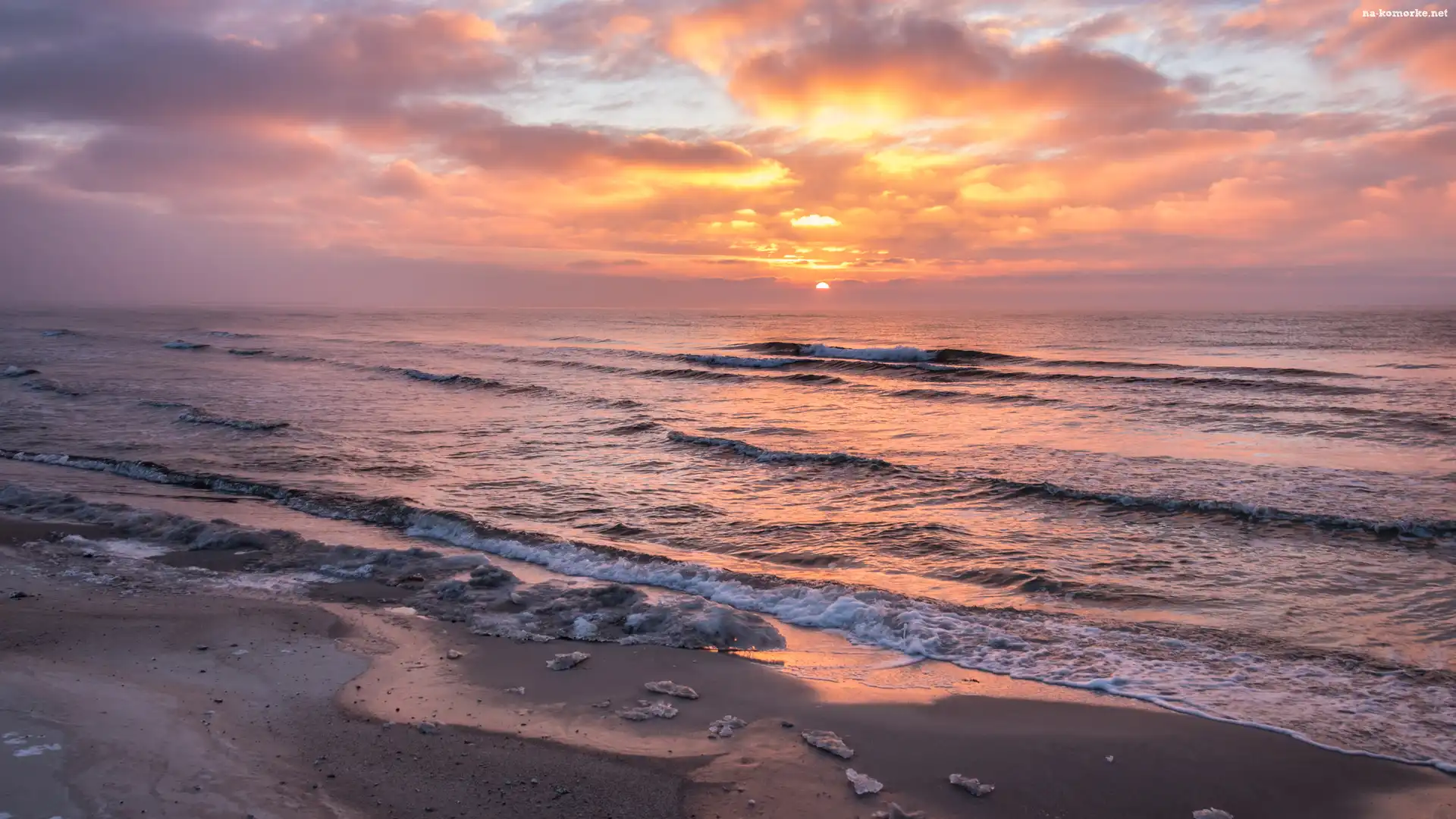 Morze, Plaża, Wschód słońca, Fale
