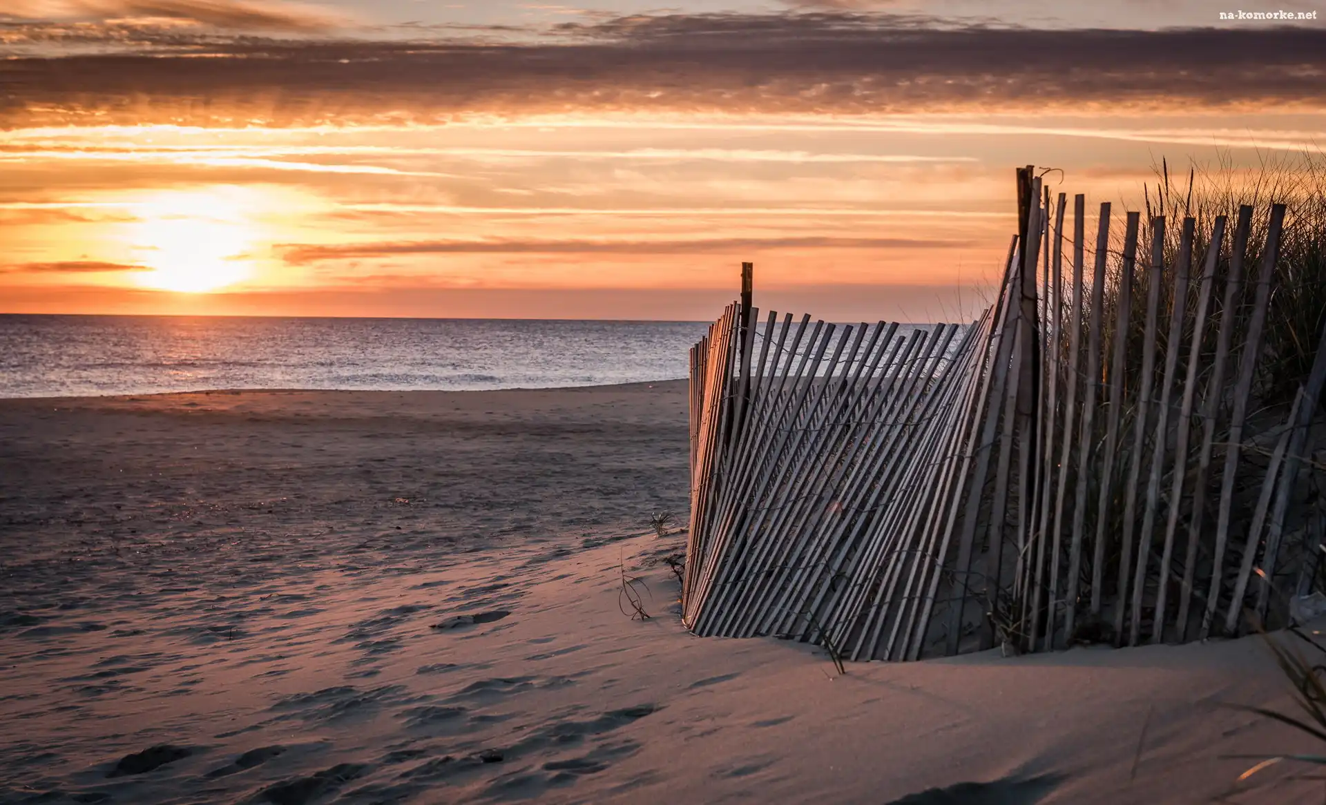 Morze, Płot, Plaża, Wschód Słońca