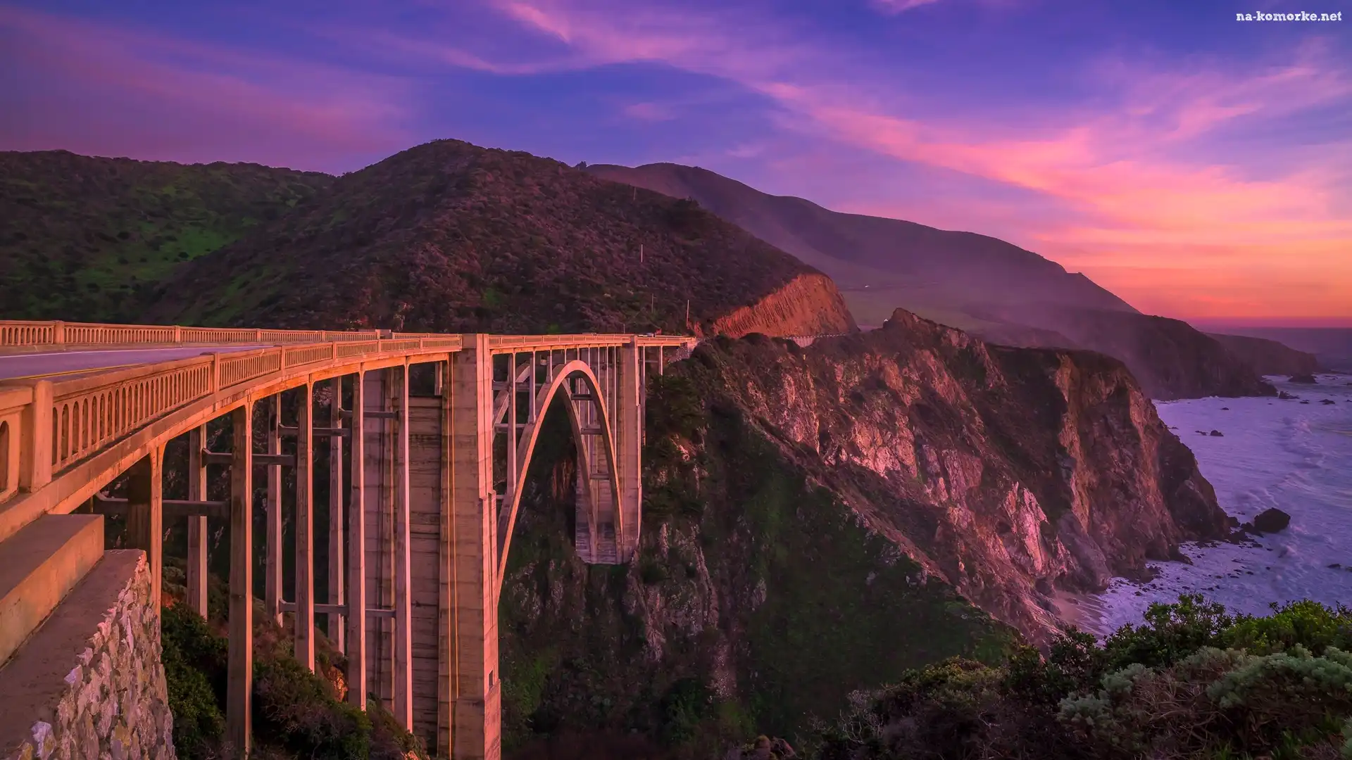 Most Bixby Creek Bridge, Kalifornia, Góry, Stany Zjednoczone, Wybrzeże, Morze, Zachód słońca, Region Big Sur