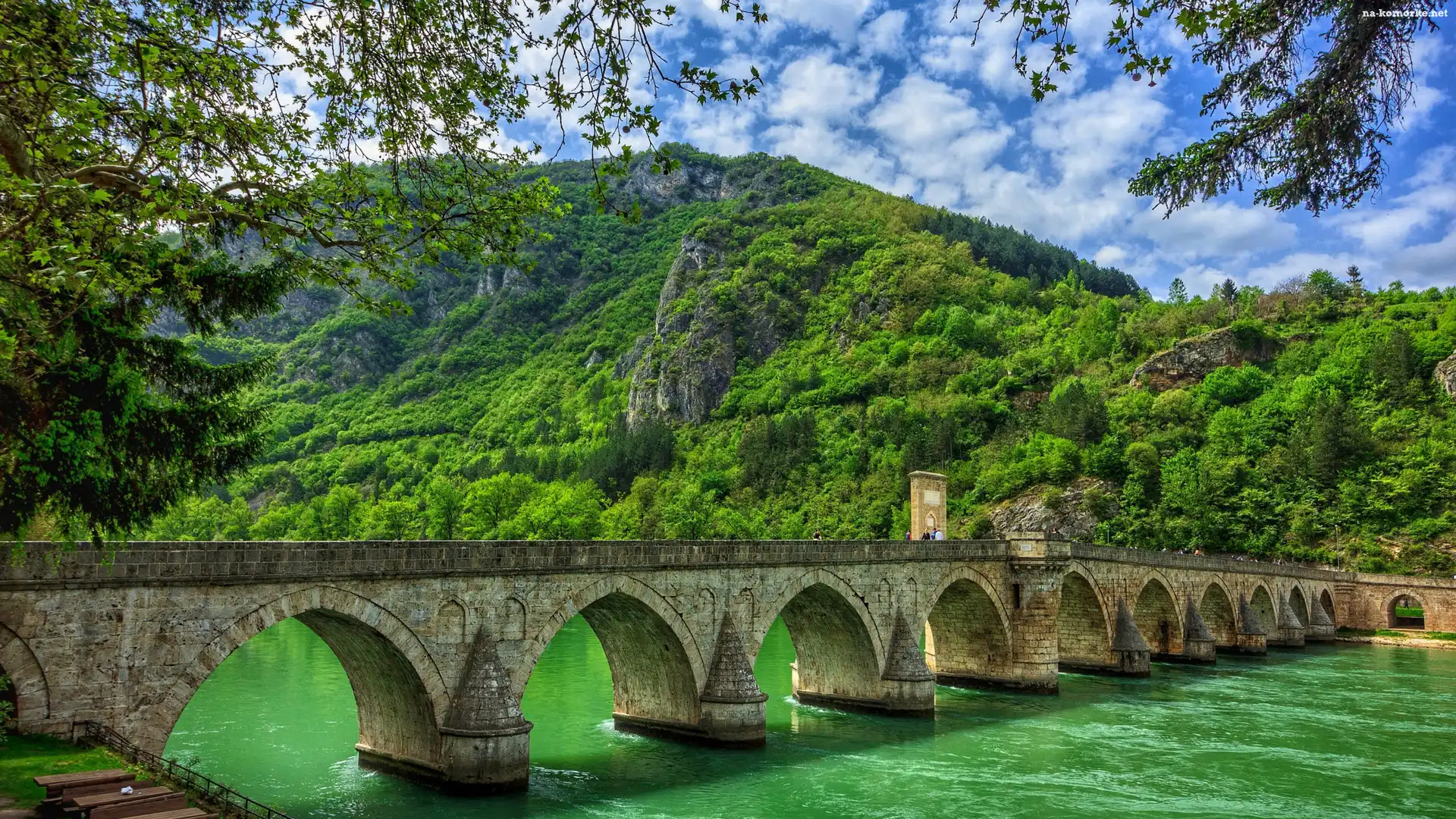 Most łukowy, Visegrad, Bośnia i Hercegowina, Mehmeda Paszy Sokolovicia, Rzeka Drina, Góry, Drzewa