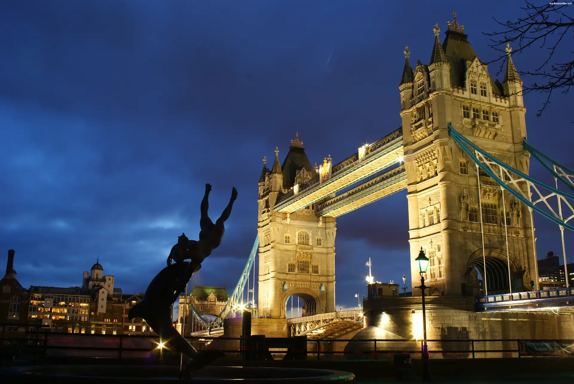 Most, Noc, Tower Bridge, Londyn