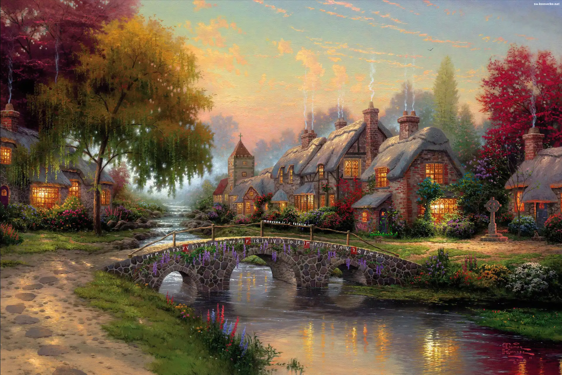 Thomas Kinkade, Most, Brukowiec, Rzeka, Domki