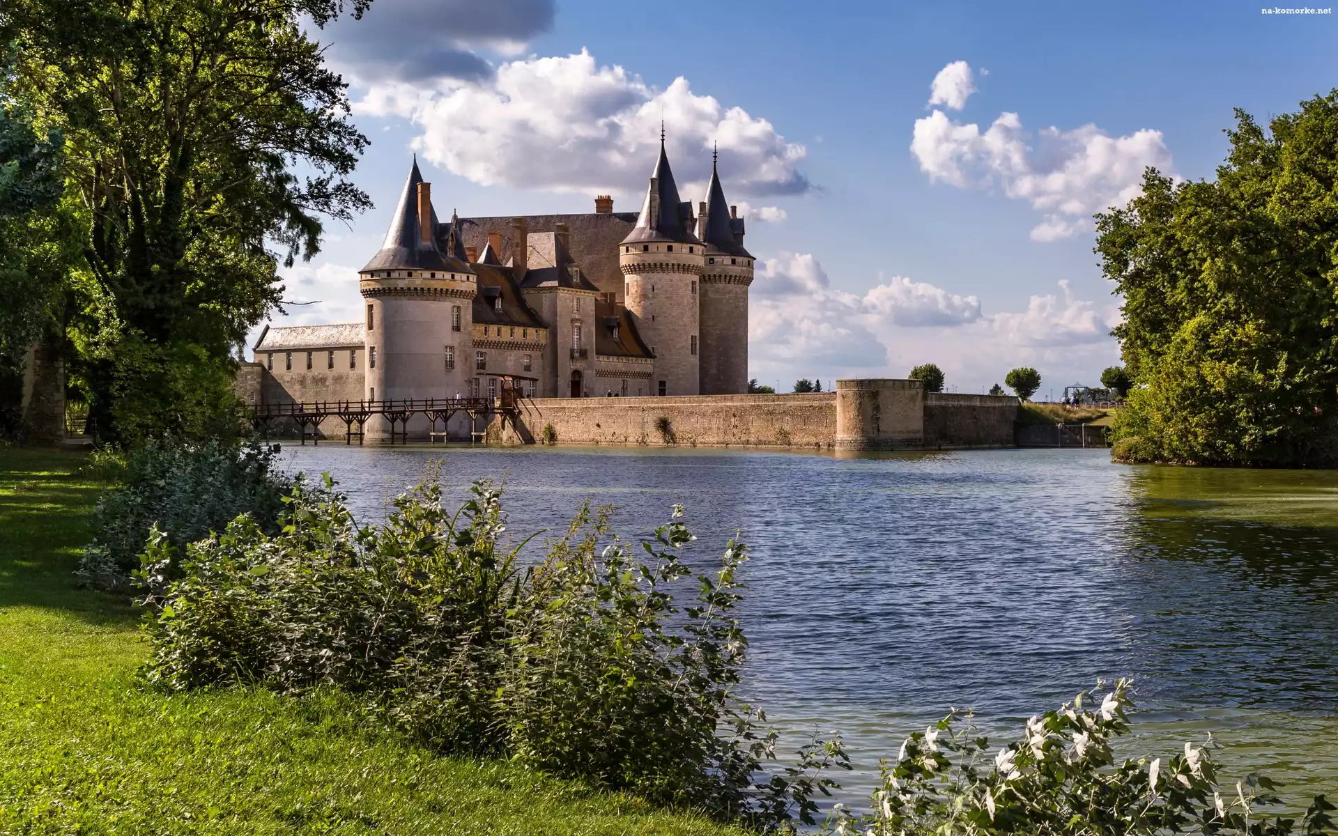 Francja, Jezioro, Park Jezioro, Burgundia, Sully Sur Loire, Zamek, Most