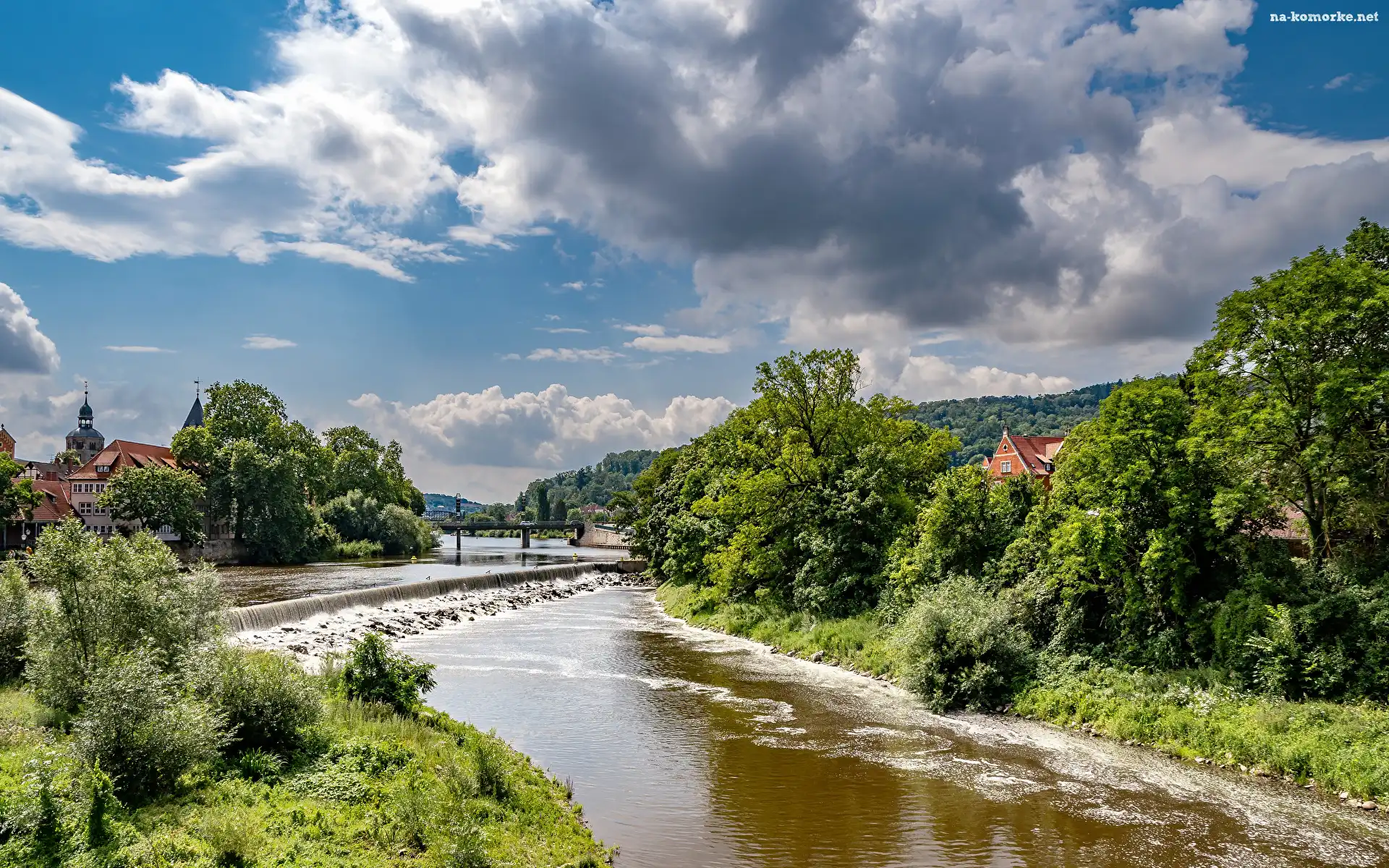 Drzewa, Wzgórza, Rzeka, Most