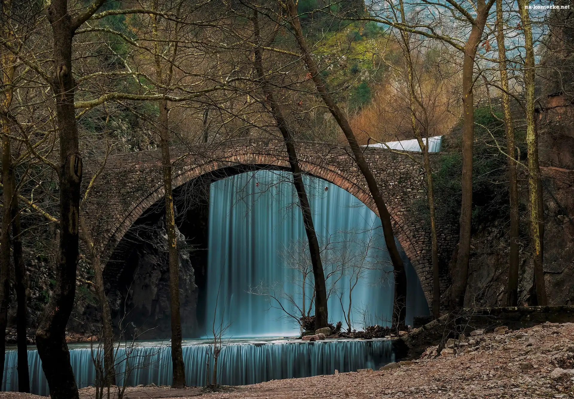 Wodospad, Trikala, Drzewa, Grecja, Palaiokarya waterfalls, Rzeka Pinios, Kamienny, Most