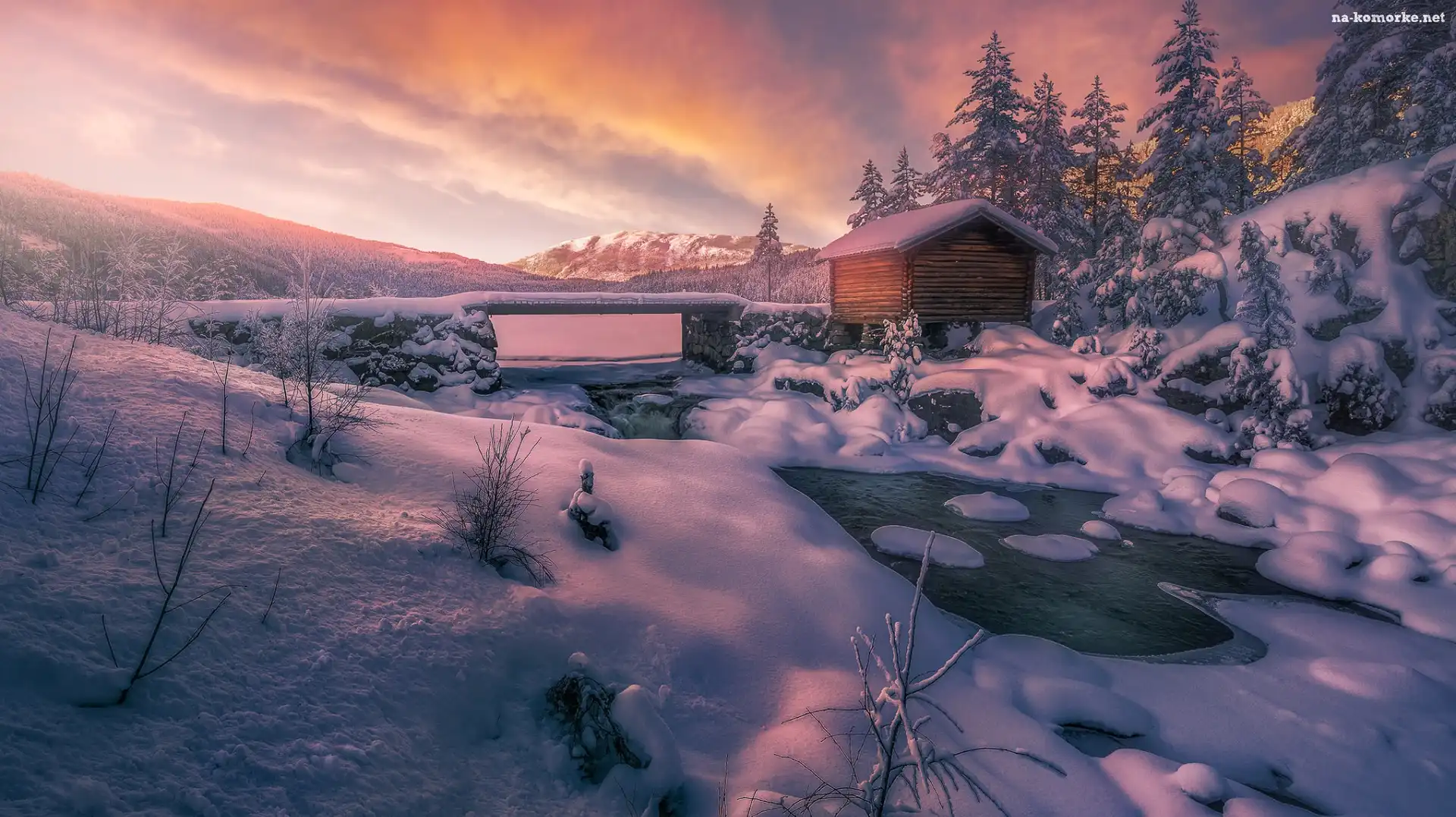 Norwegia, Most, Domek, Ringerike, Wieś Stromsodd, Zima, Rzeka