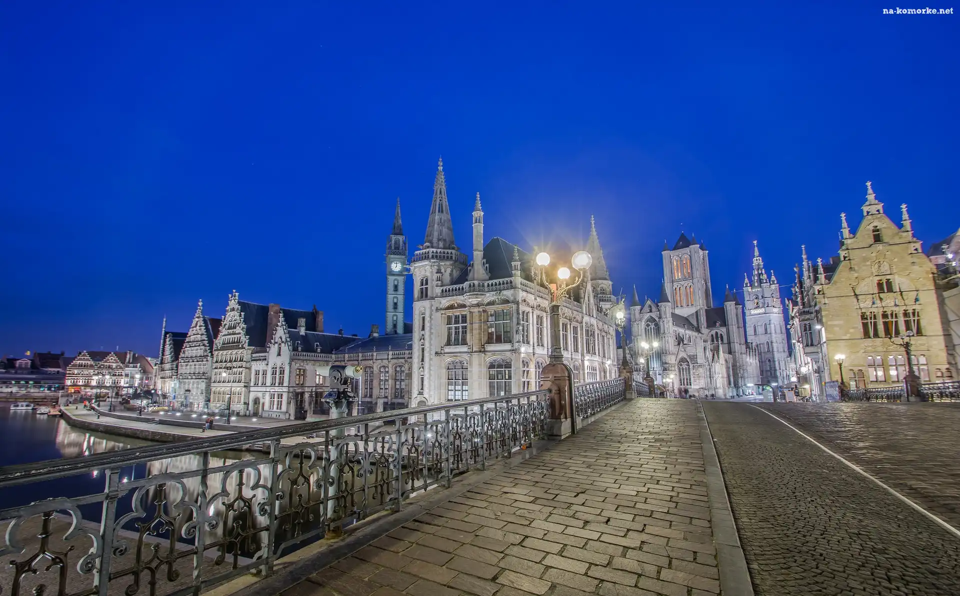 Most, Belgia, Miasto, Wieczór, Kościół