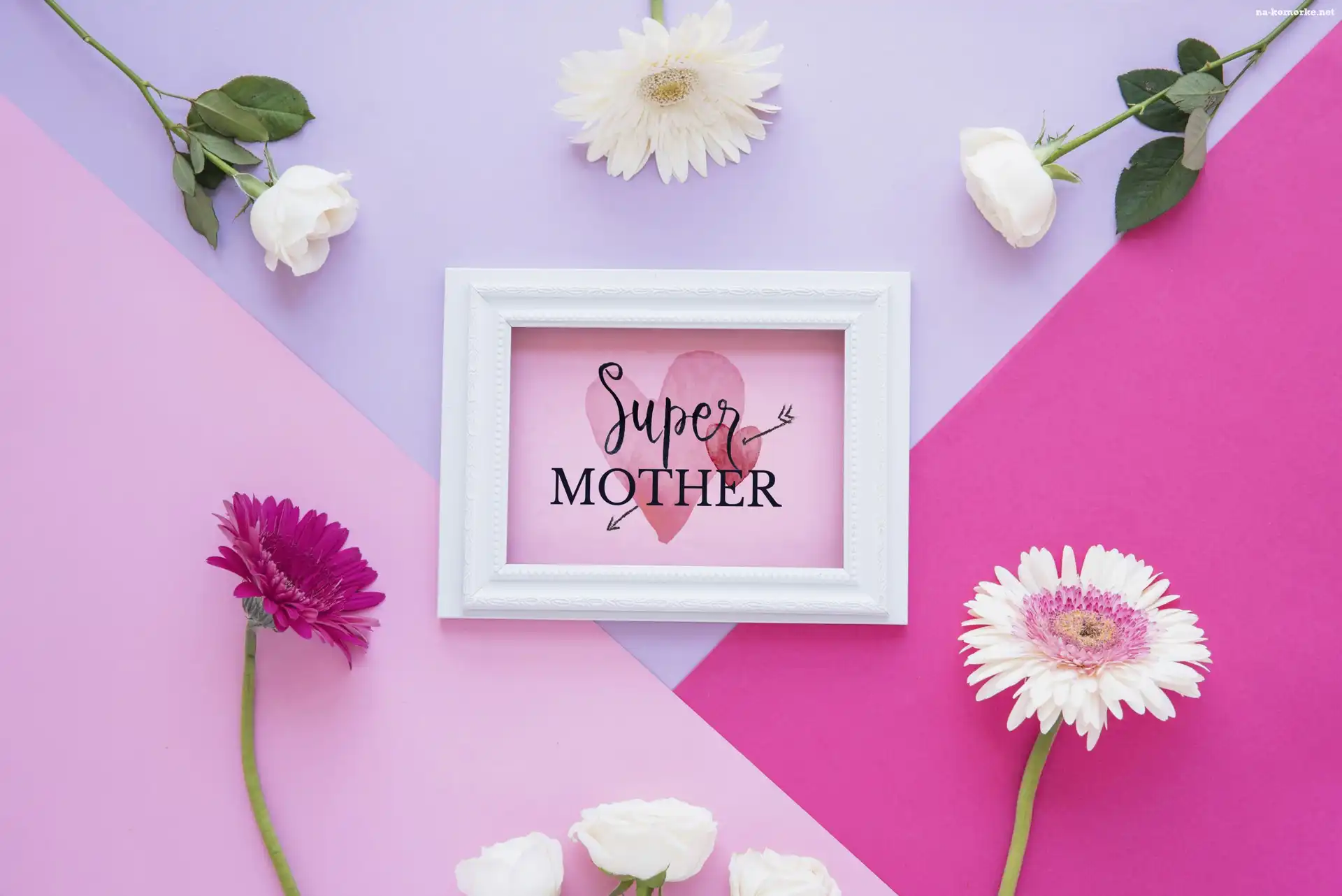 Dzień Matki, Kolorowe, Kwiaty, Biała, Ramka, Napis, Super Mother