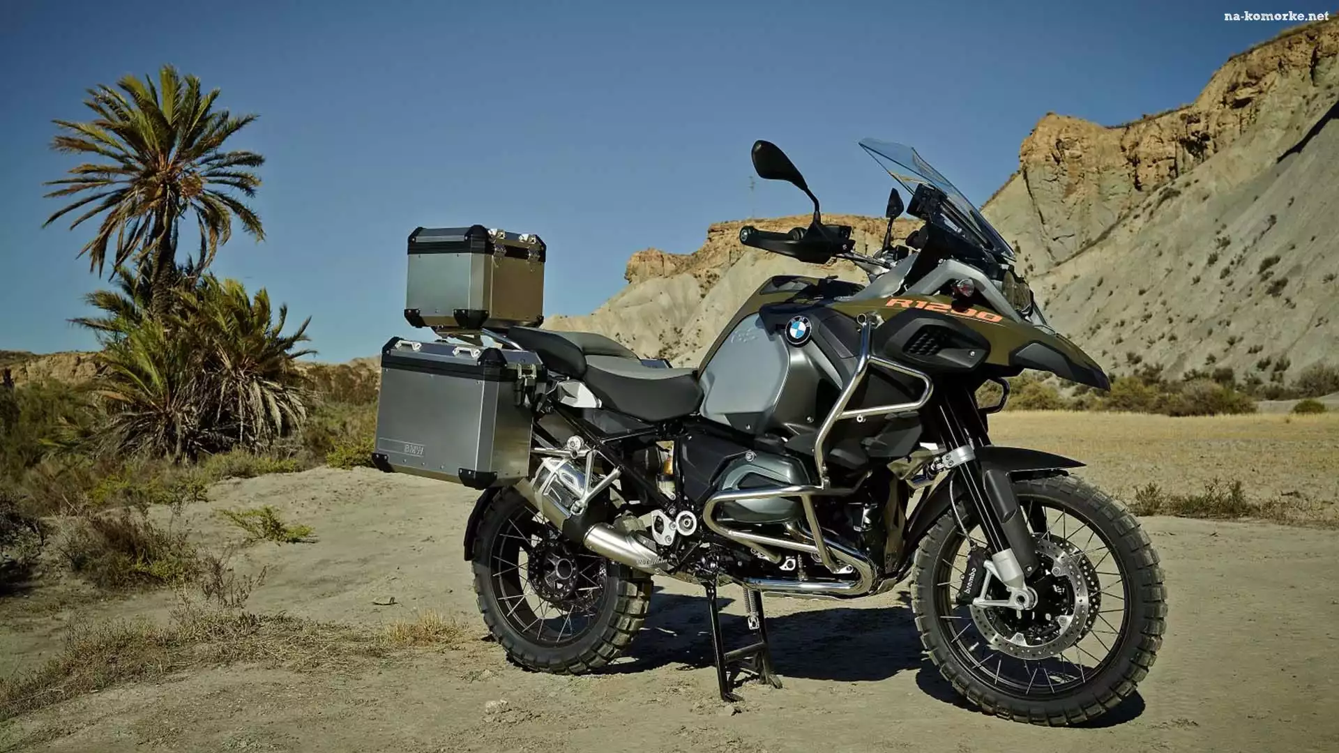 Motocykl, Palmy, BMW R1200GS, Kufry