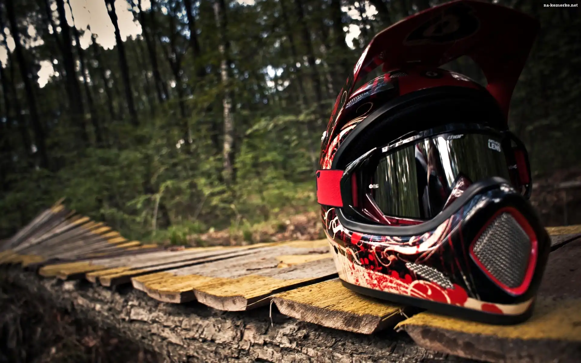 Motocyklowy, Las, Kładka, Czerwony, Kask