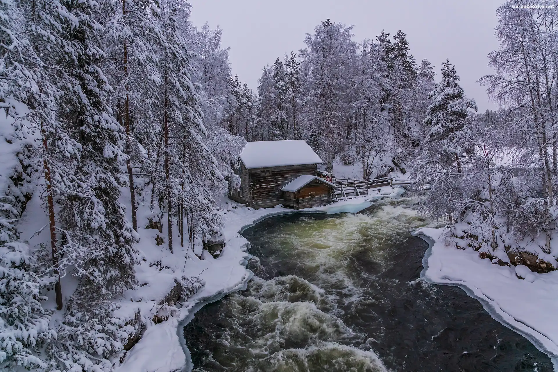 Zima, Laponia, Rzeka, Finlandia, Młyn Myllykoski, Drzewa, Park Narodowy Oulanka, Gmina Kuusamo