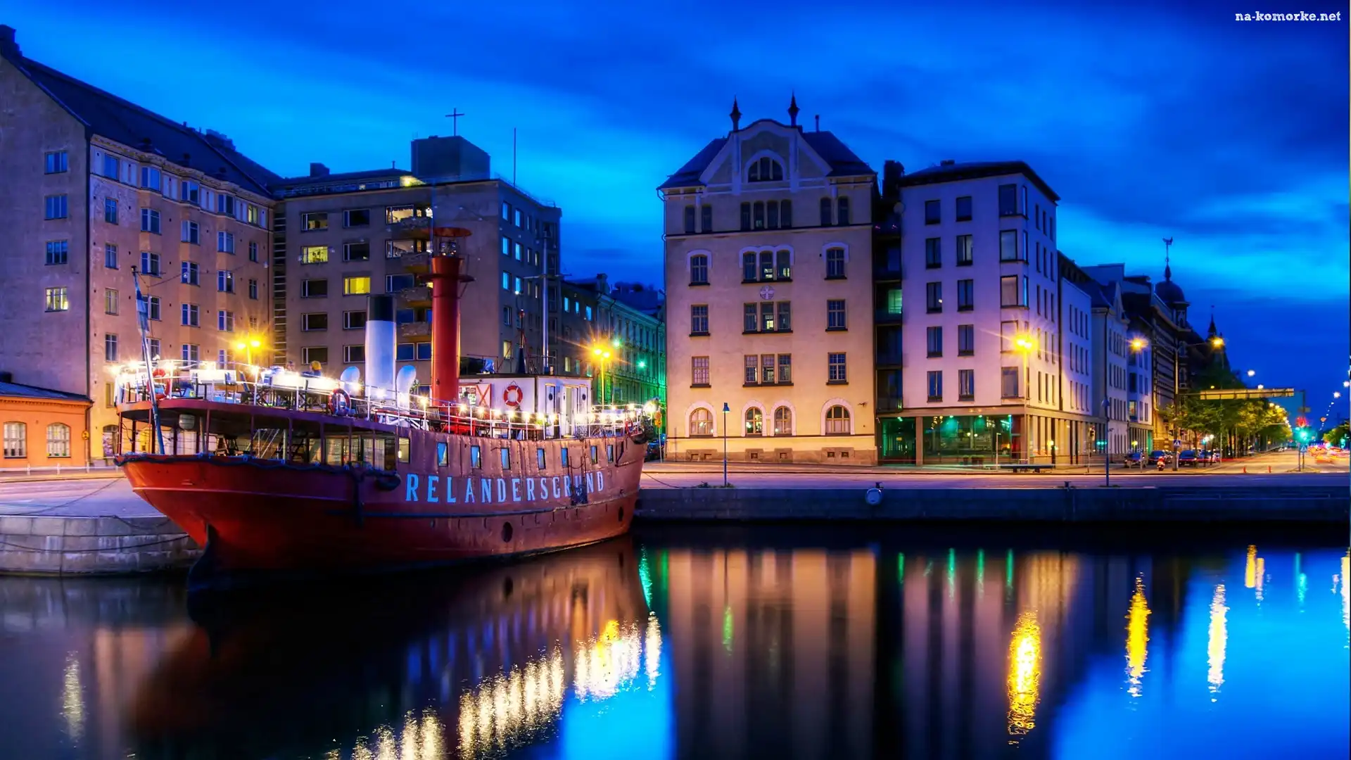 Nabrzeże, Nocą, Helsinki, Statek, Domy, Wycieczkowy