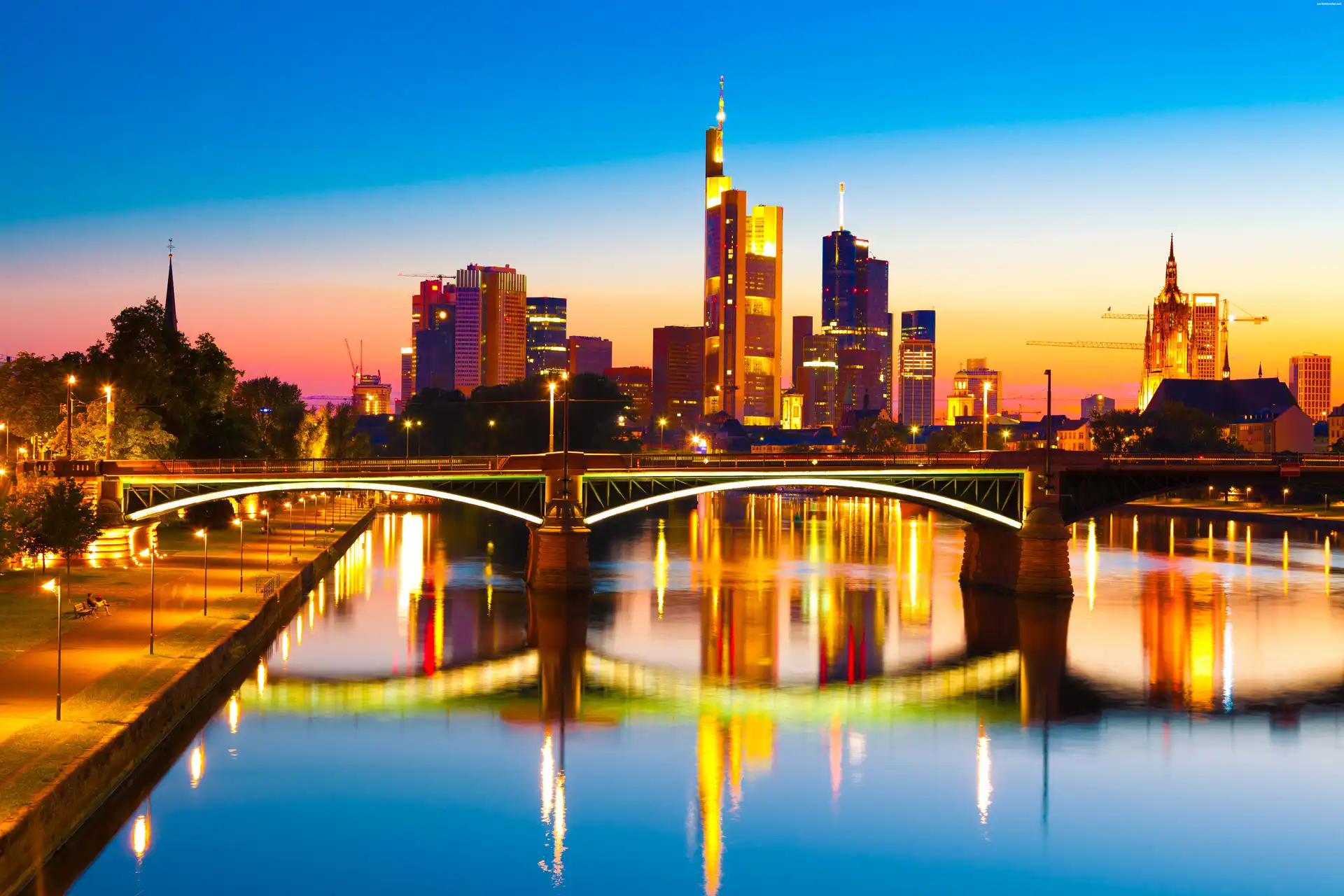 Nad Menem, Zachód, Słońca, Panorama, Frankfurtu