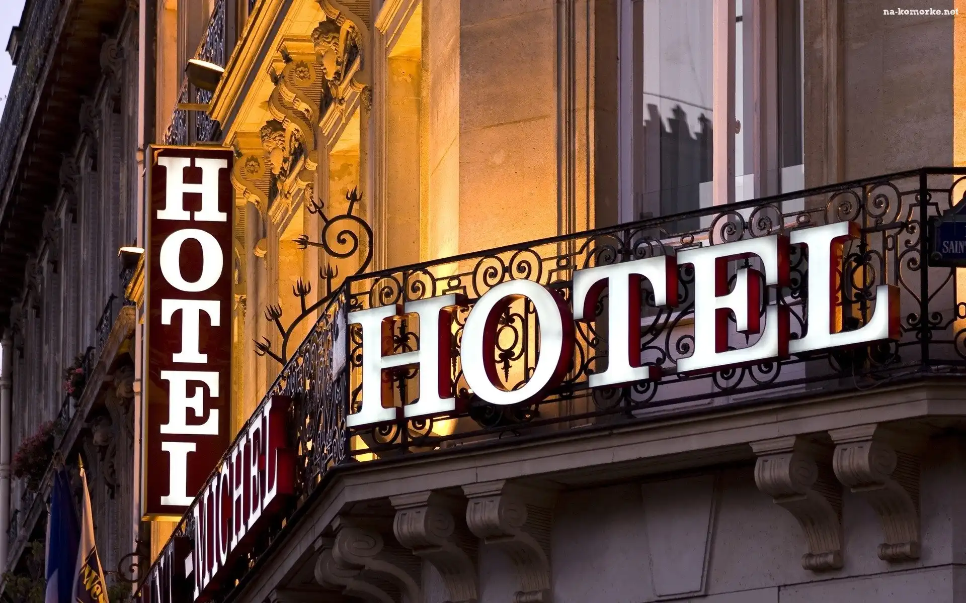 Napis, Hotel, Fasada, Balkon, Neon