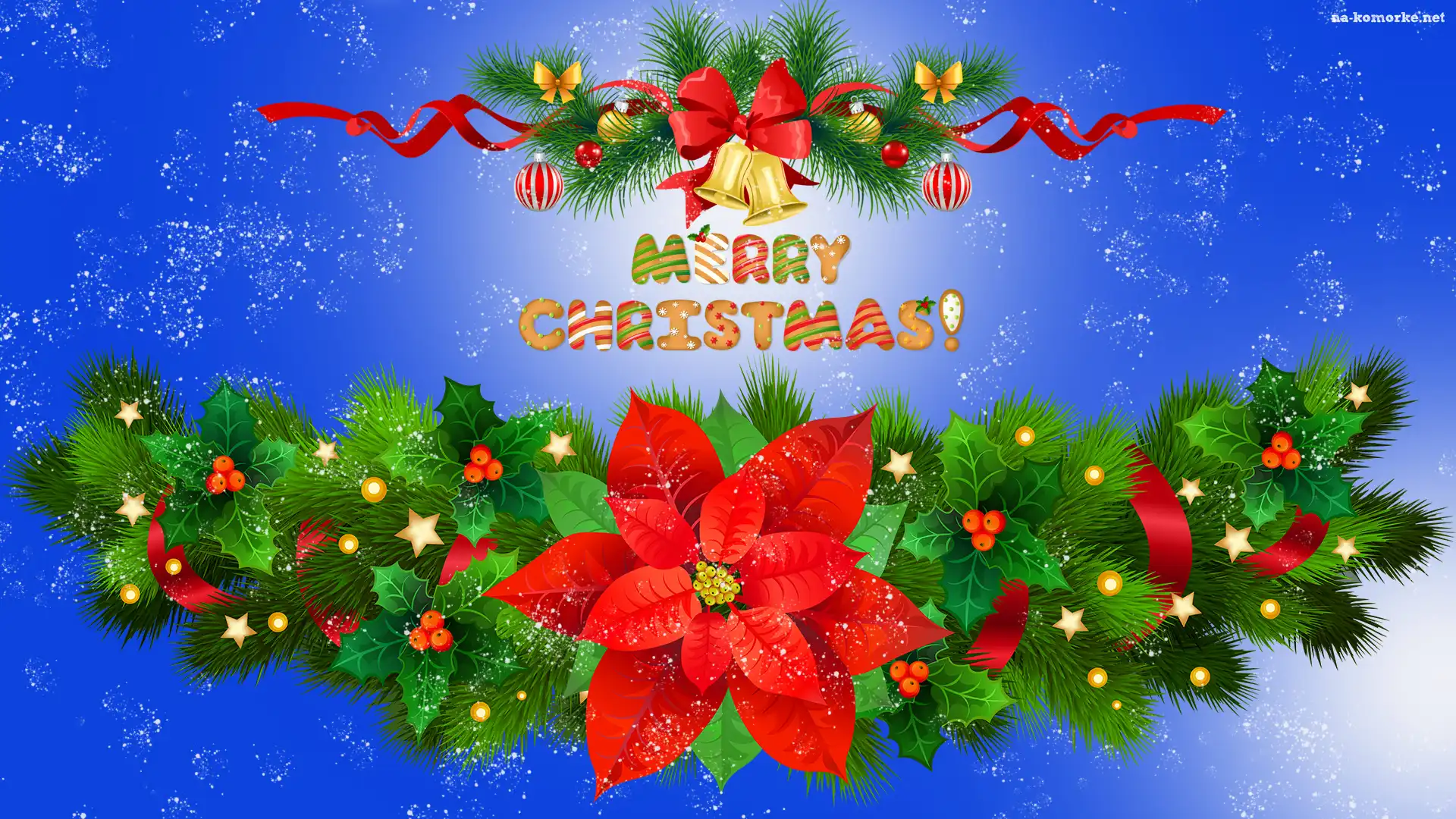 Świąteczna, Napis, Gwiazda betlejemska, Merry Christmas, Girlanda, Bombki, Gałązki, Grafika